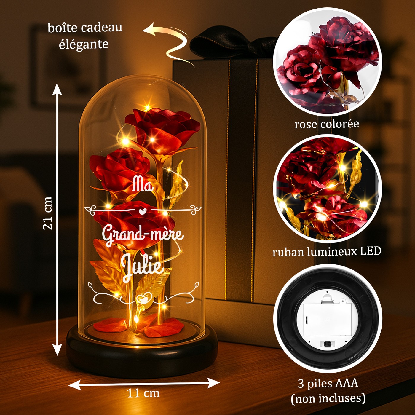 Rosa Eterna Roja bajo Lámpara de Vidrio con Luz LED para el Cumpleaños de una Abuela