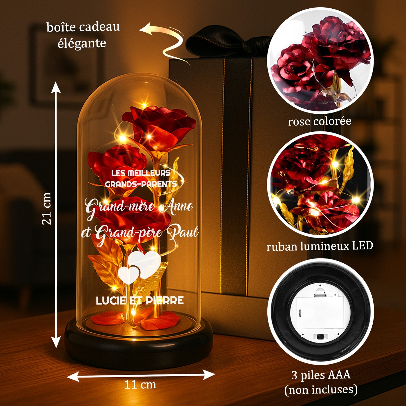 Rose Éternelle Rouge Personnalisée sous Cloche en Verre avec Lumière LED pour Grands-Parents