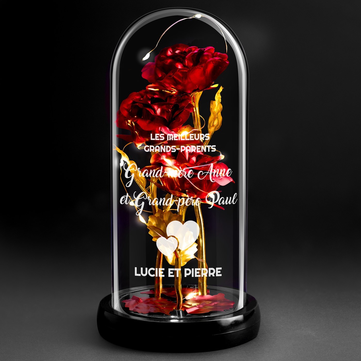Rose Éternelle Rouge Personnalisée sous Cloche en Verre avec Lumière LED pour Grands-Parents