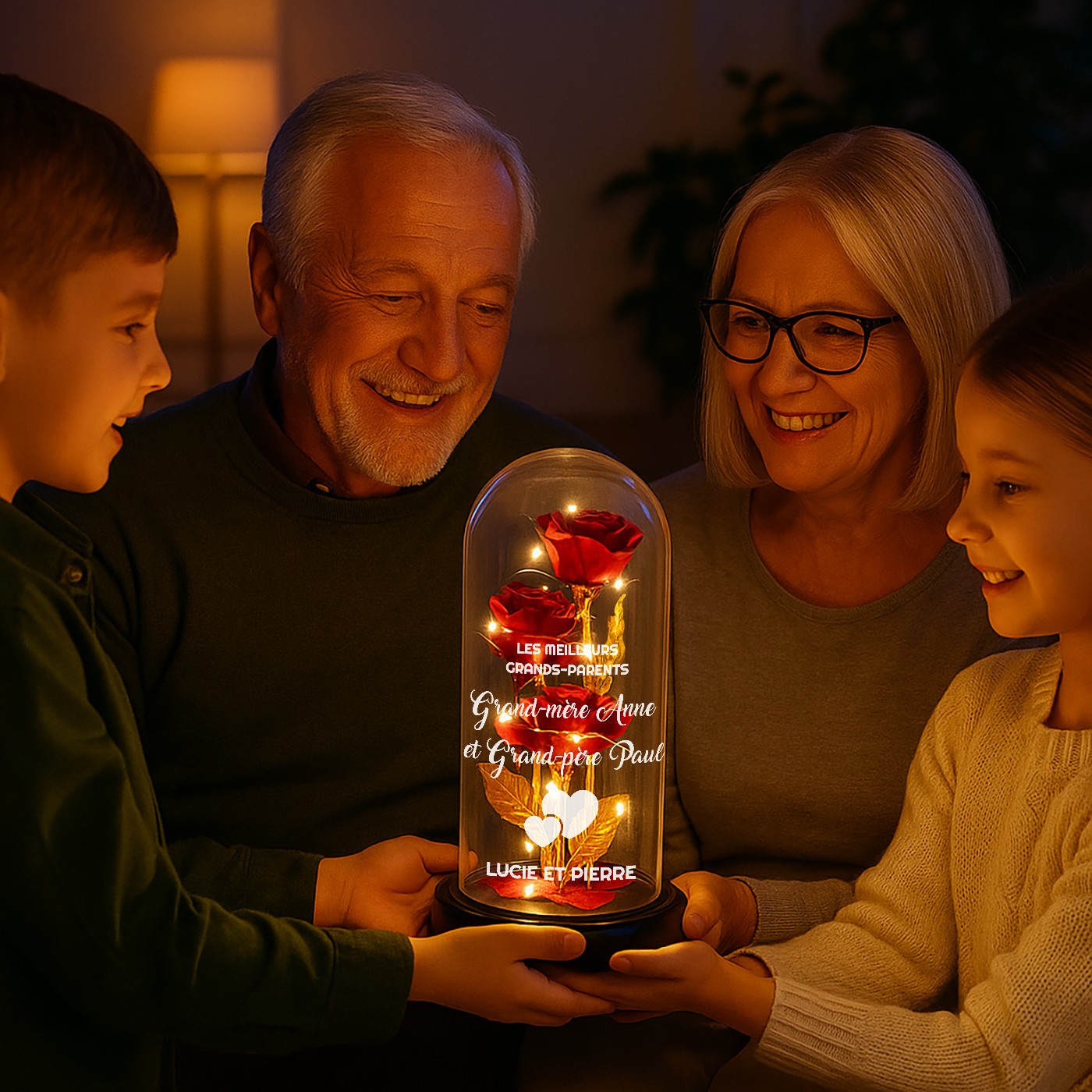Rose Éternelle Rouge Personnalisée sous Cloche en Verre avec Lumière LED pour Grands-Parents