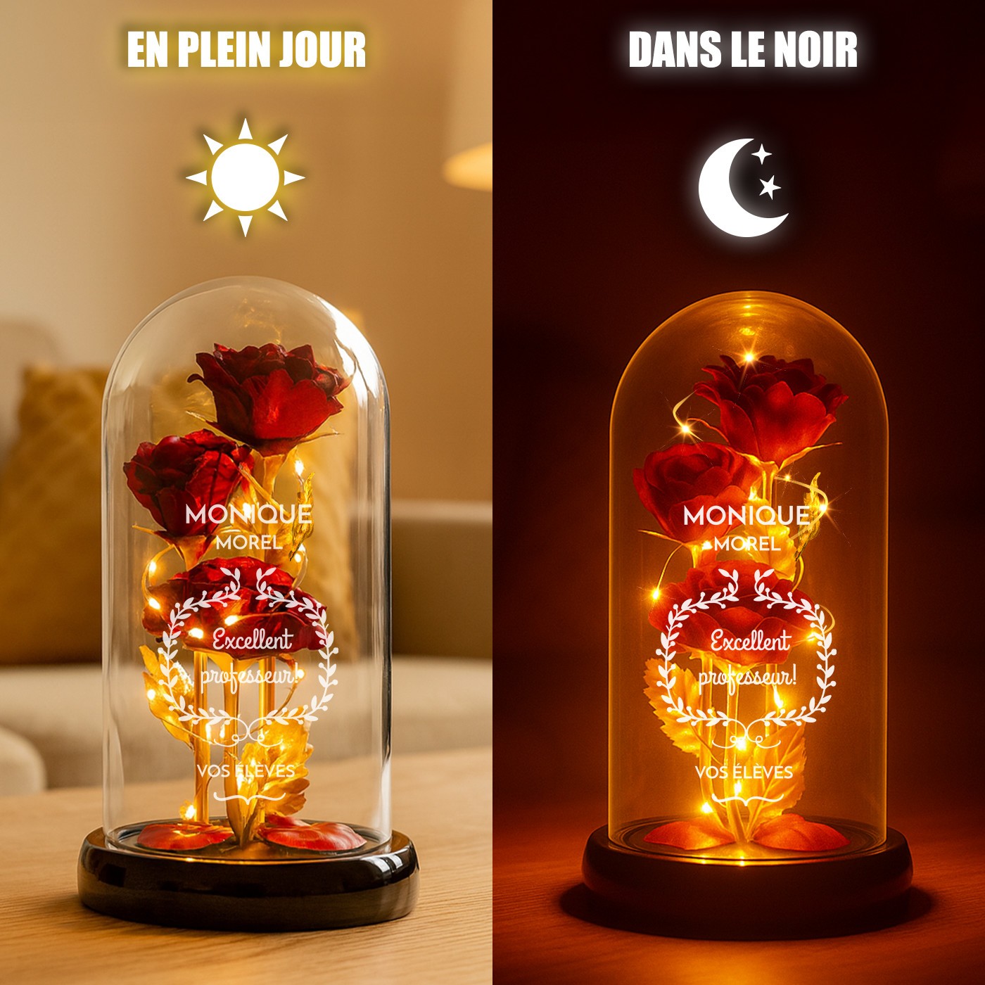 Personalized Eternal Red Rose in Glass Bell with LED Light for a Teacher