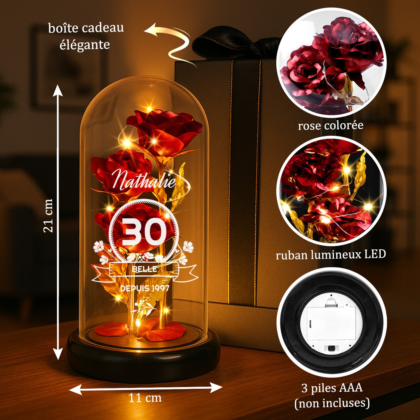 Rose Éternelle Rouge Personnalisée sous Cloche en Verre avec Lumière LED pour un Cadeau d'Anniversaire de 30 Ans