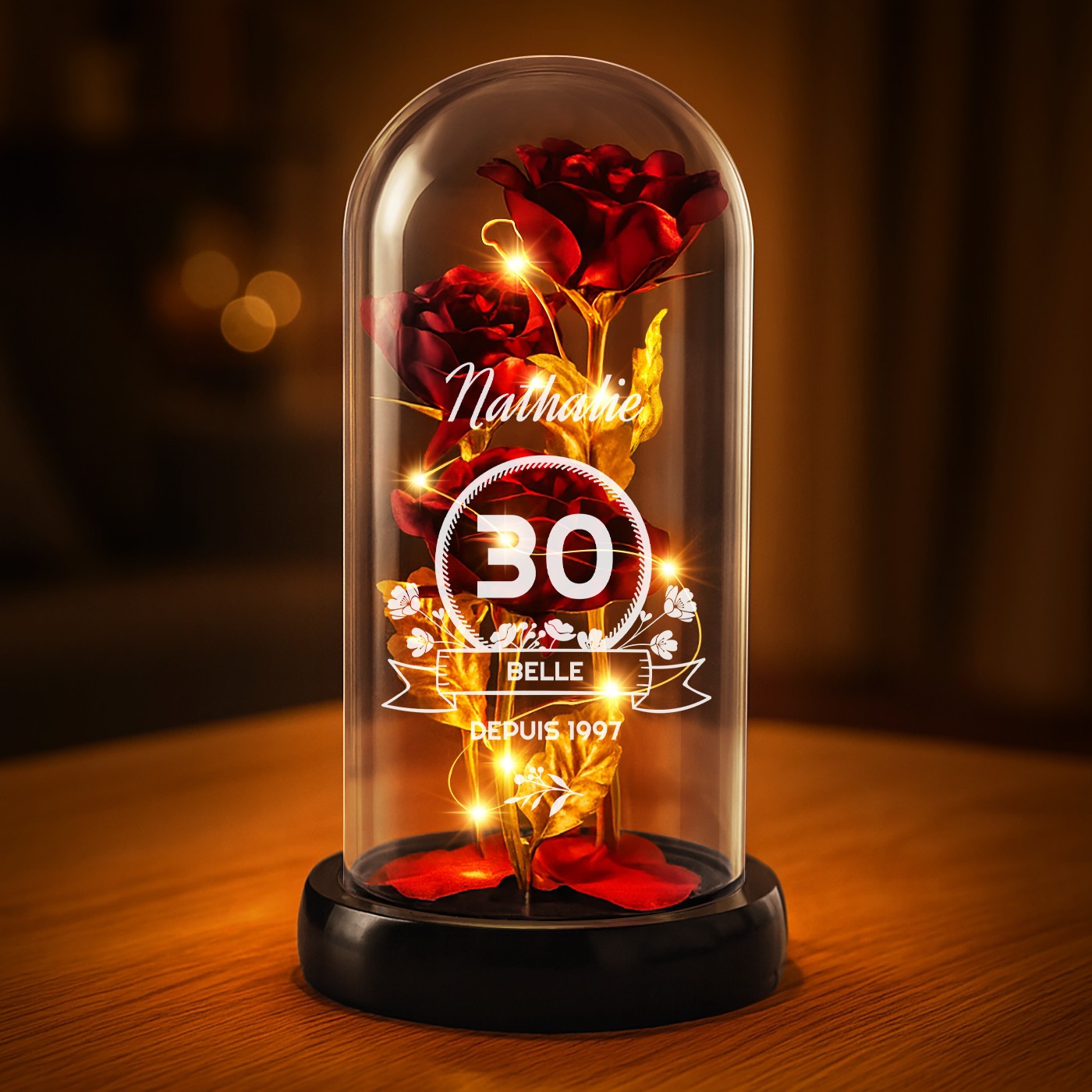 Personalized Eternal Red Rose in Glass Dome with LED Light for a 30th Birthday Gift