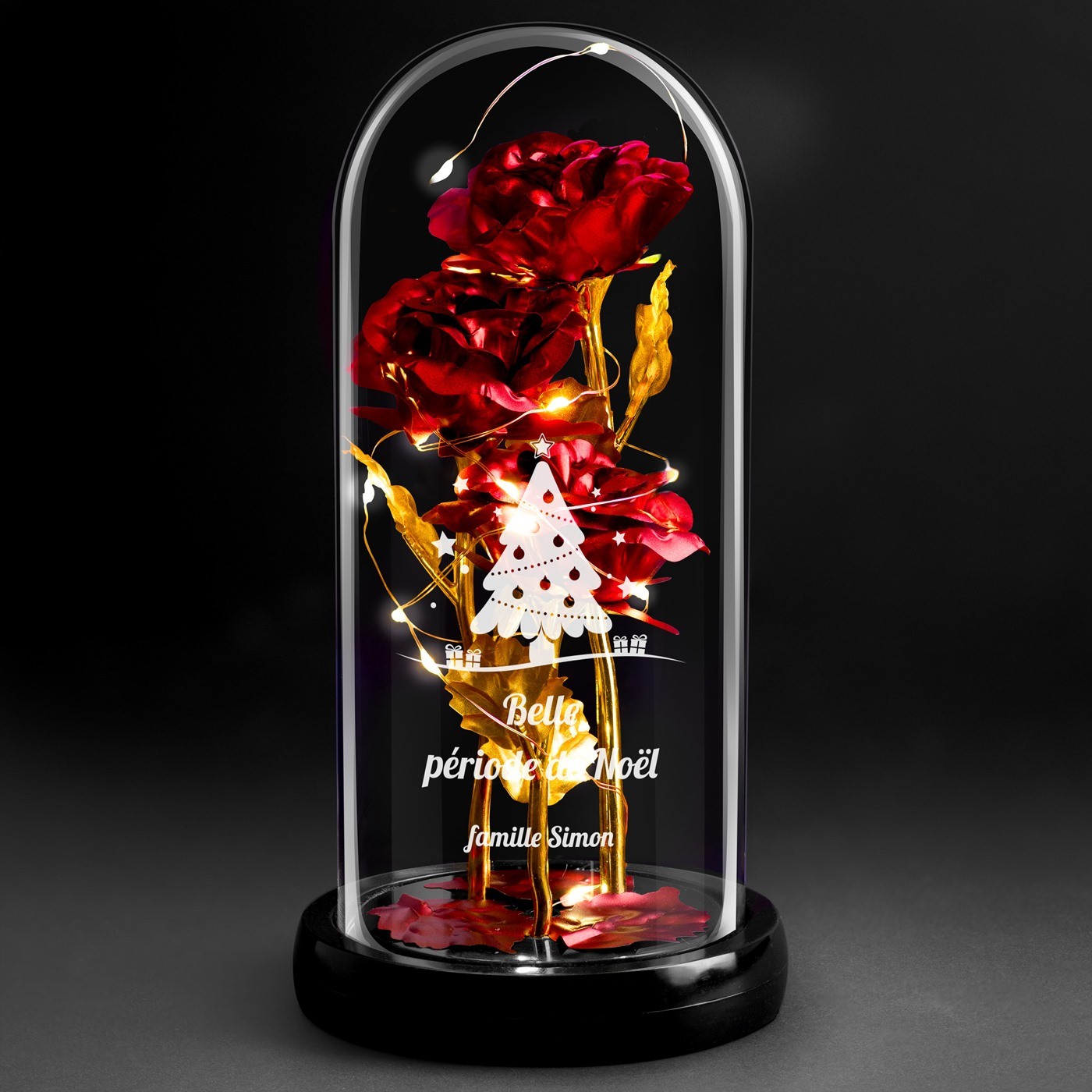 Rosa Eterna Roja de Murrano en Domo de Vidrio con Grabado y Luz LED para Parejas - Regalo de Navidad