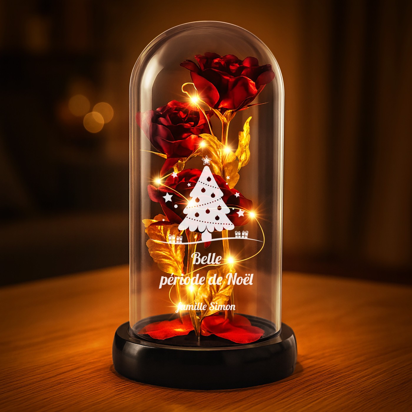 Rosa Eterna Roja de Murrano en Domo de Vidrio con Grabado y Luz LED para Parejas - Regalo de Navidad