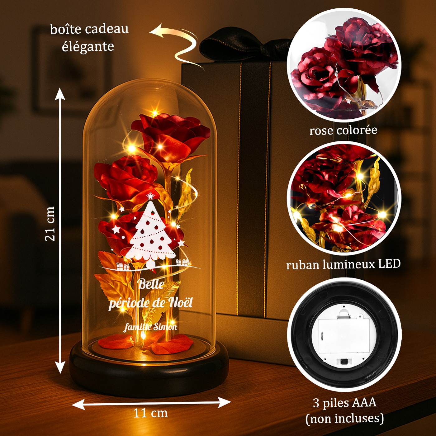Rosa Eterna Roja de Murrano en Domo de Vidrio con Grabado y Luz LED para Parejas - Regalo de Navidad