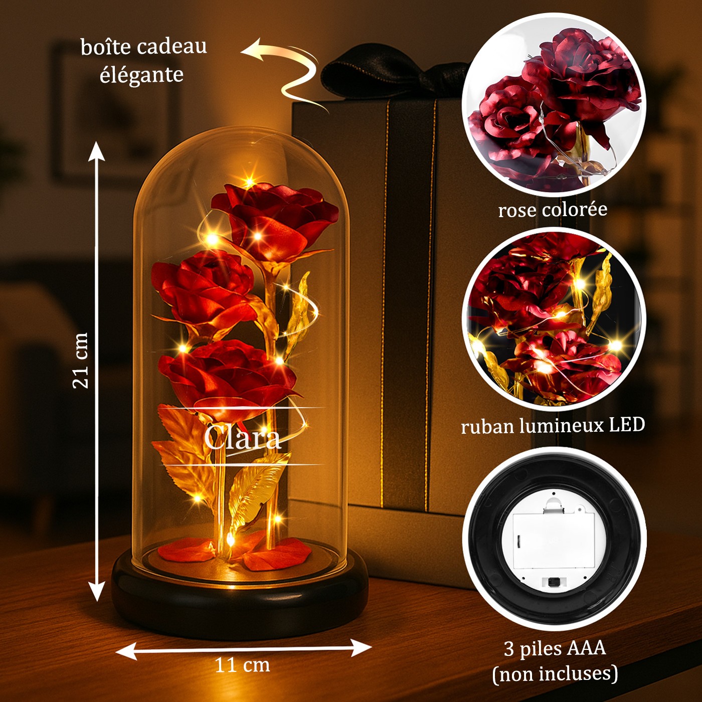 Personalized Eternal Red Rose in Glass Bell with LED Light for Woman's Birthday