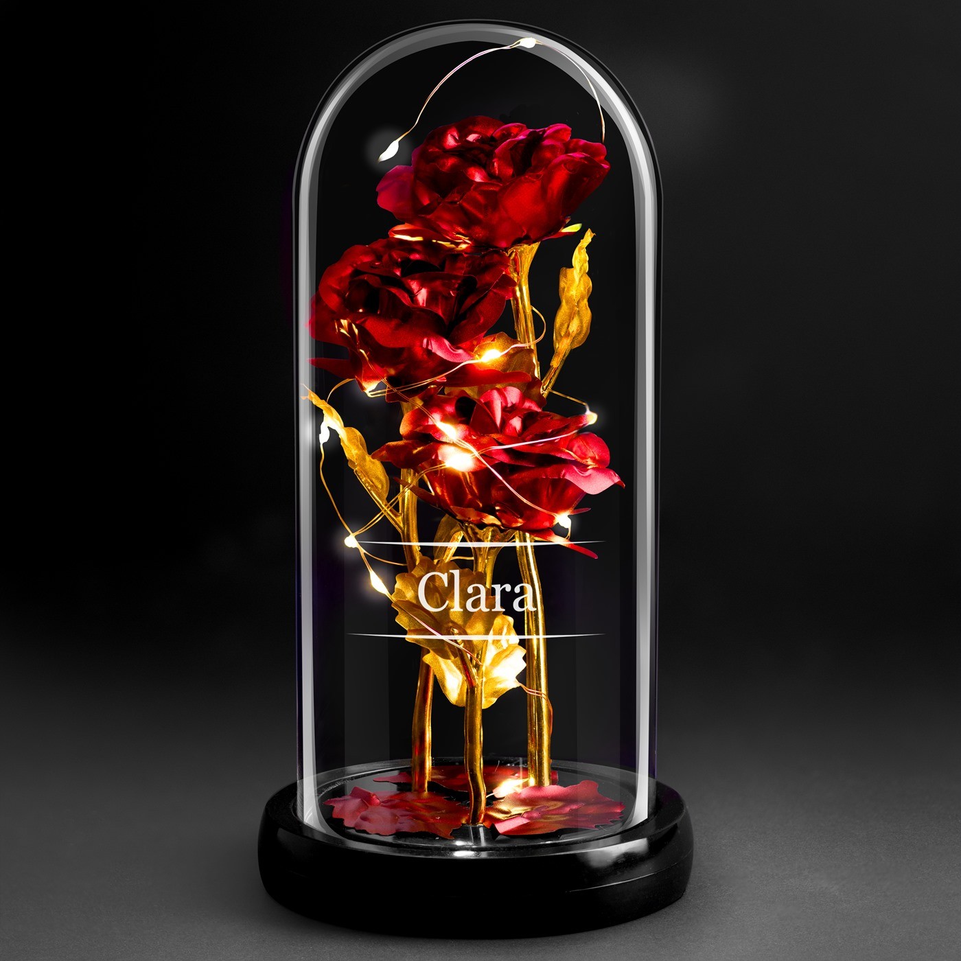 Personalized Eternal Red Rose in Glass Bell with LED Light for Woman's Birthday
