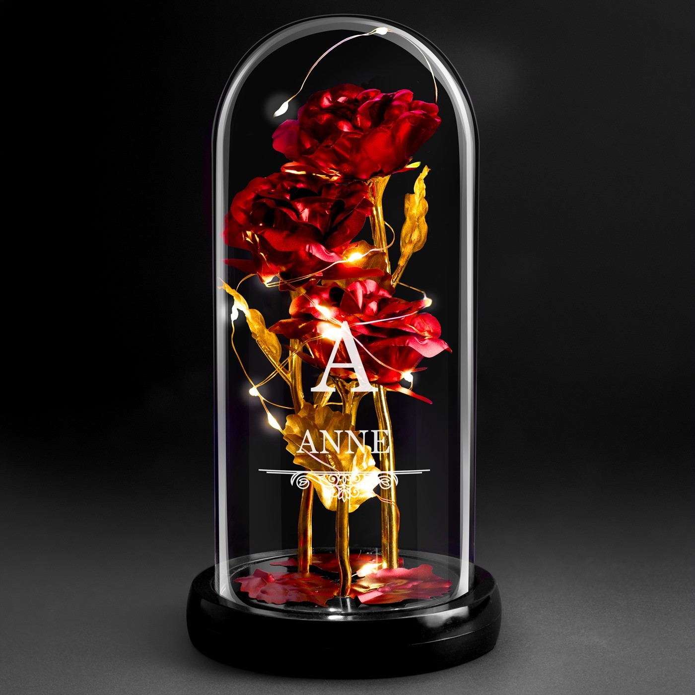 Rosa Eterna Roja de Murrano bajo Globo de Vidrio con Luz LED y Grabado para el Cumpleaños de una Amiga