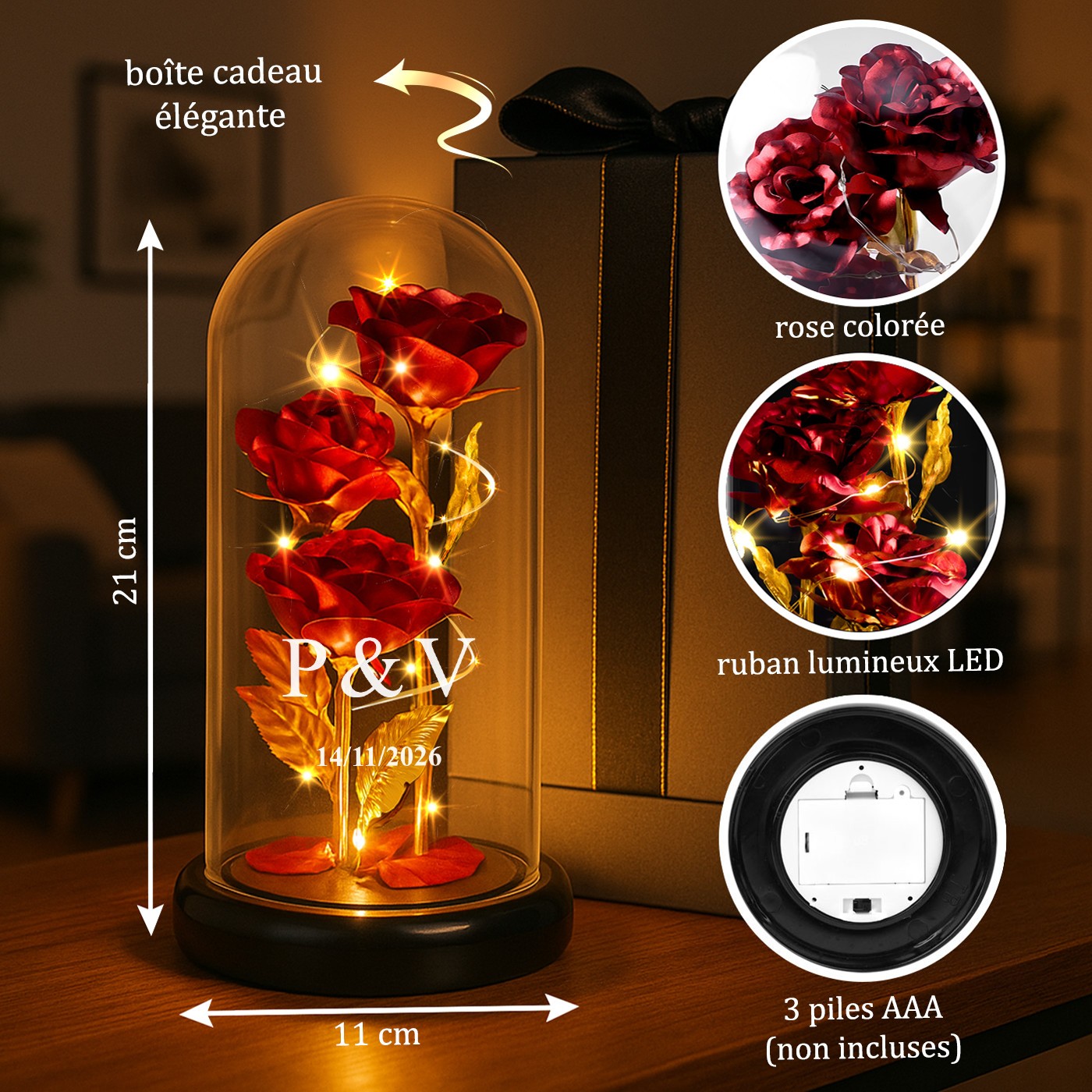 Rose éternelle rouge personnalisée sous cloche en verre avec lumière LED pour un couple pour l'anniversaire de mariage
