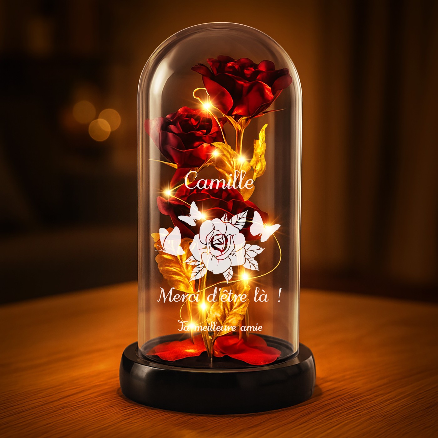 Customized Eternal Red Rose in Glass Bell with LED Light for a Friend's Birthday