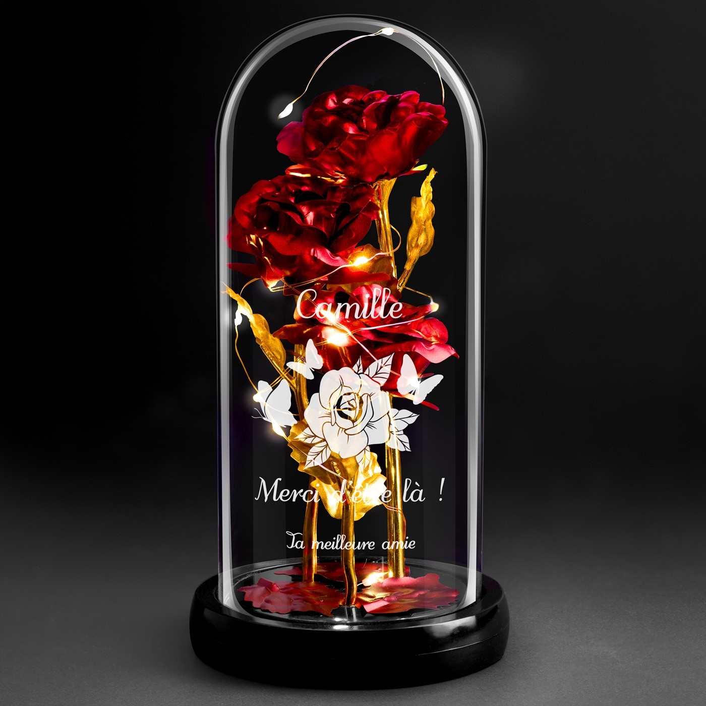 Rose Éternelle Rouge Personnalisée sous Cloche en Verre avec Lumière LED pour l'Anniversaire d'une Ami(e)