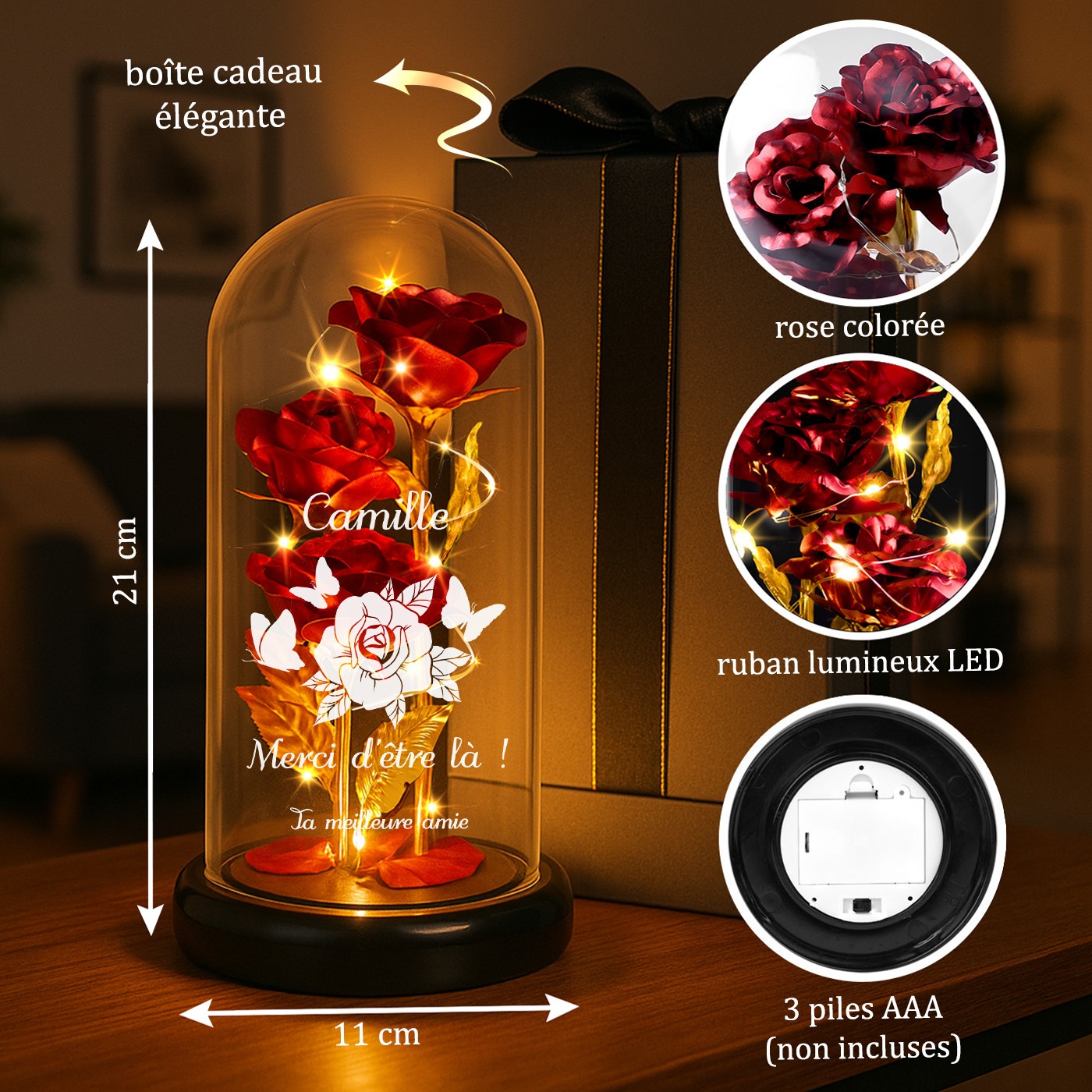 Rose Éternelle Rouge Personnalisée sous Cloche en Verre avec Lumière LED pour l'Anniversaire d'une Ami(e)