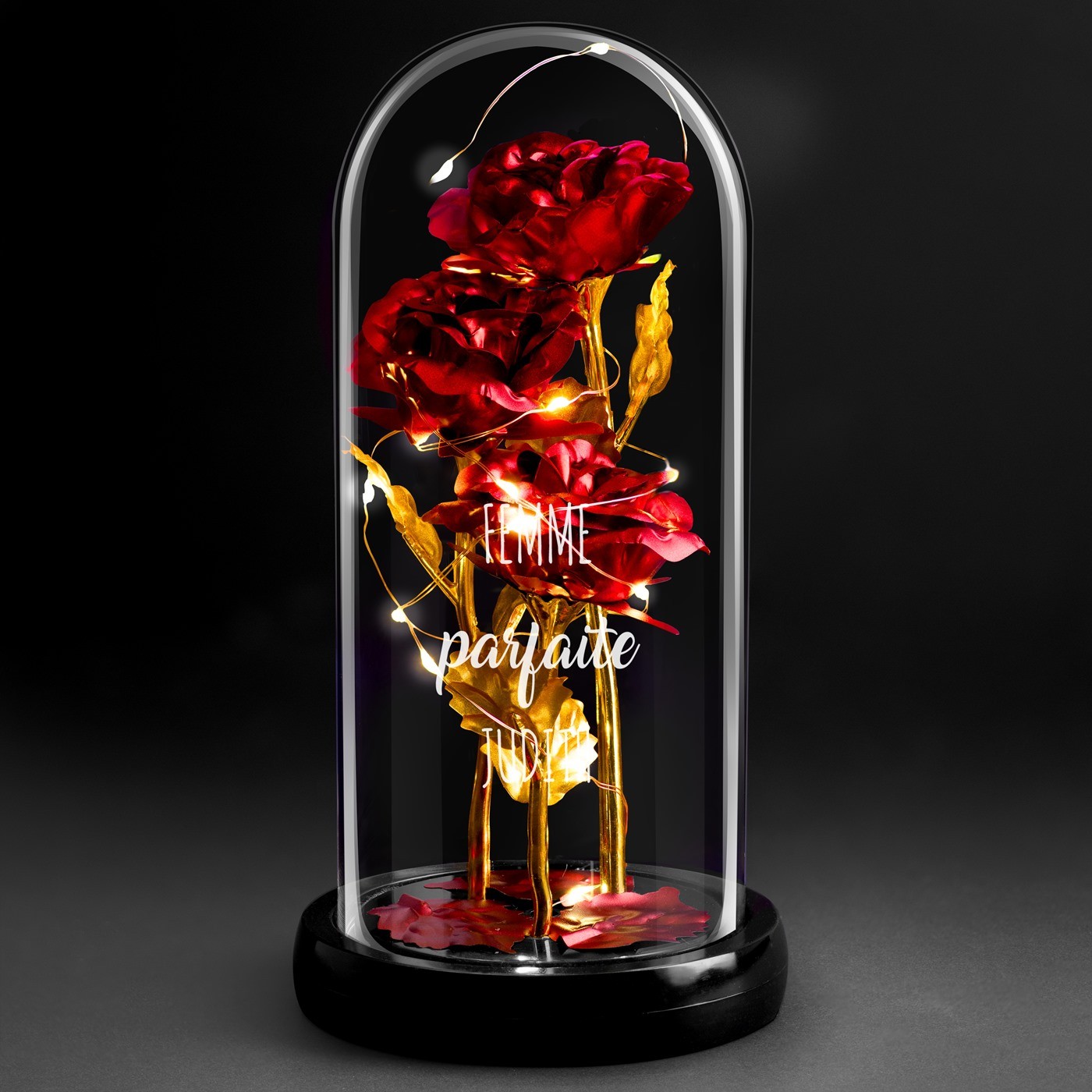 Rose éternelle rouge sous cloche en verre avec lumière LED et gravure pour femme - cadeau d'anniversaire de mariage