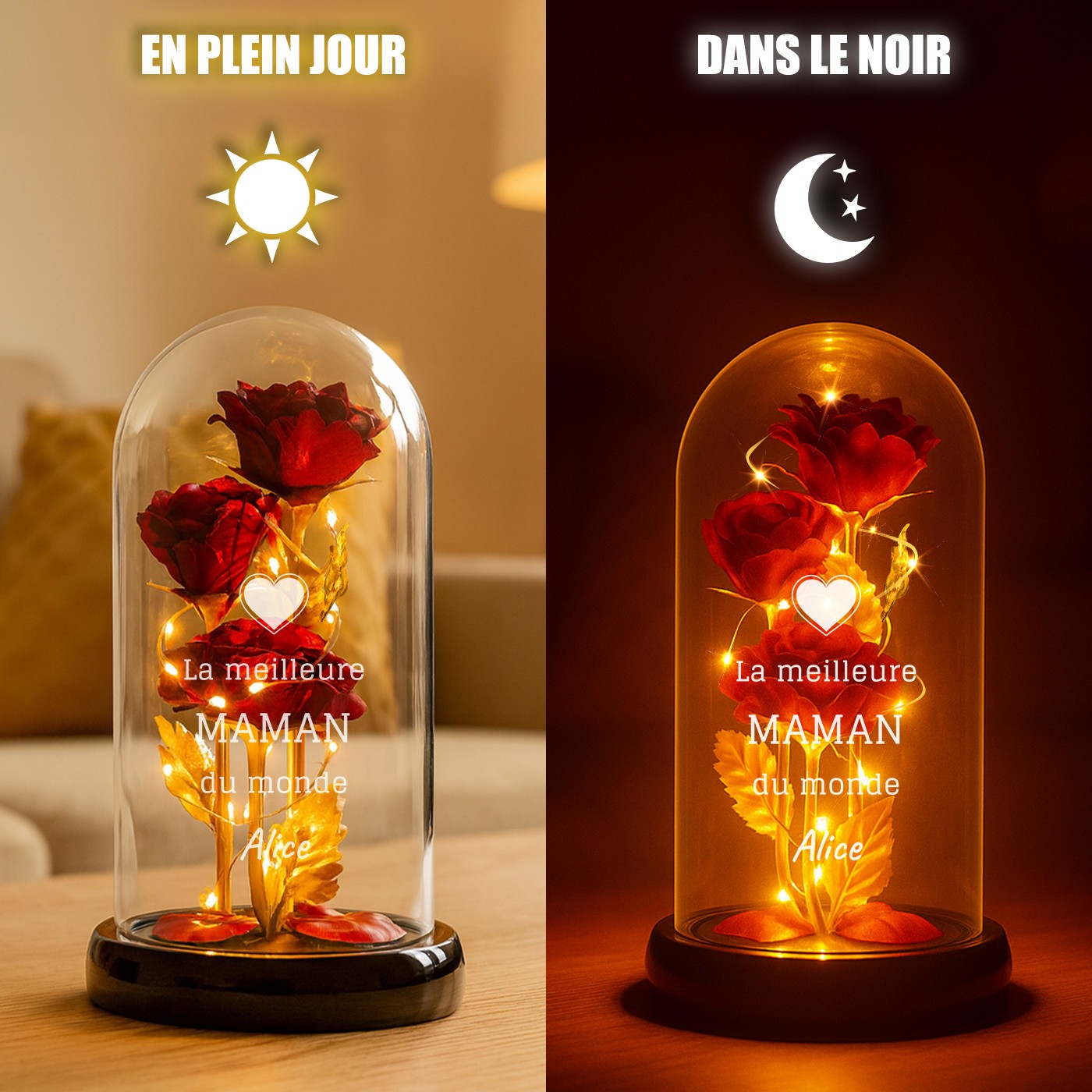 Rose Éternelle Rouge Personnalisée sous Domine en Verre avec Lumière LED pour la Fête des Mères