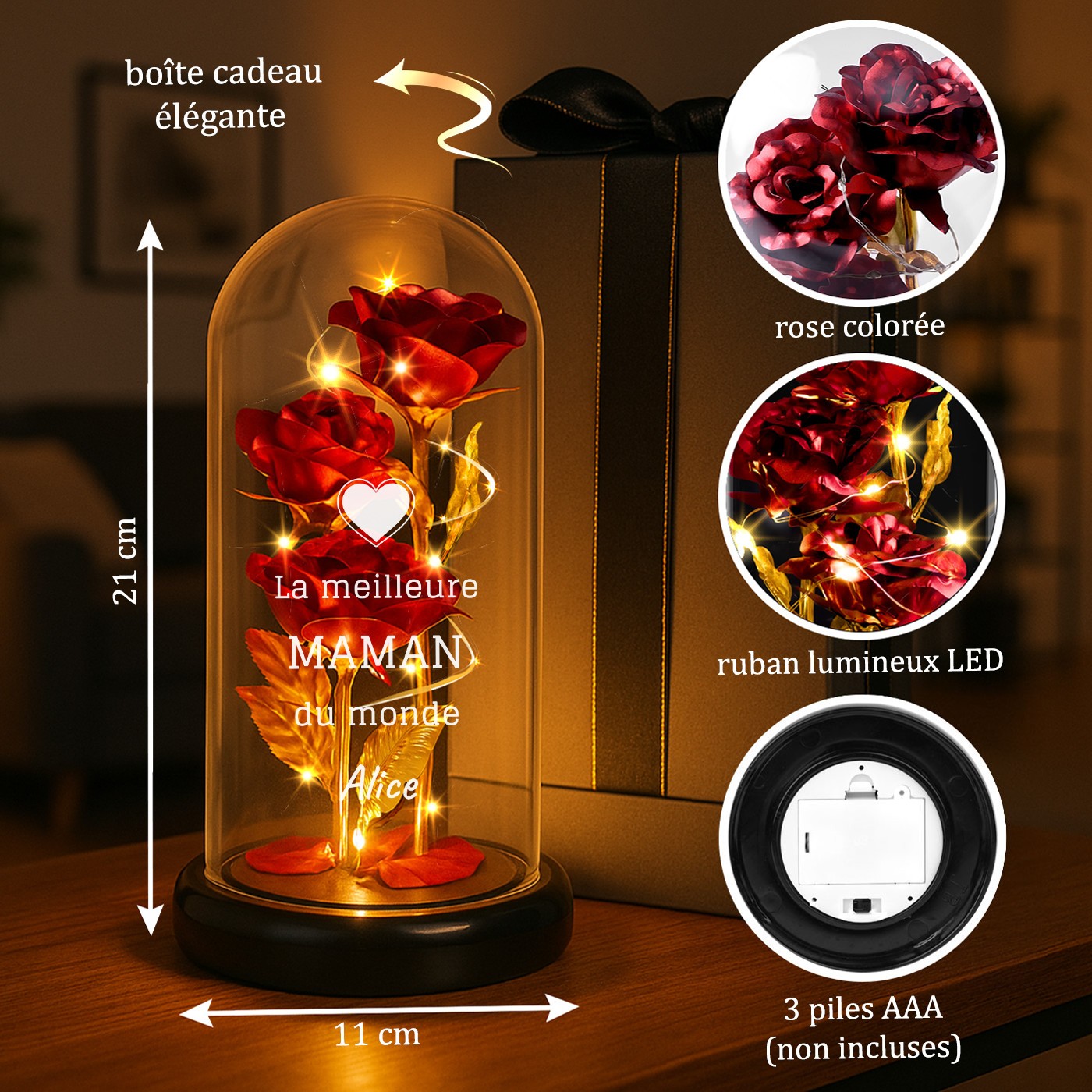 Rose Éternelle Rouge Personnalisée sous Domine en Verre avec Lumière LED pour la Fête des Mères