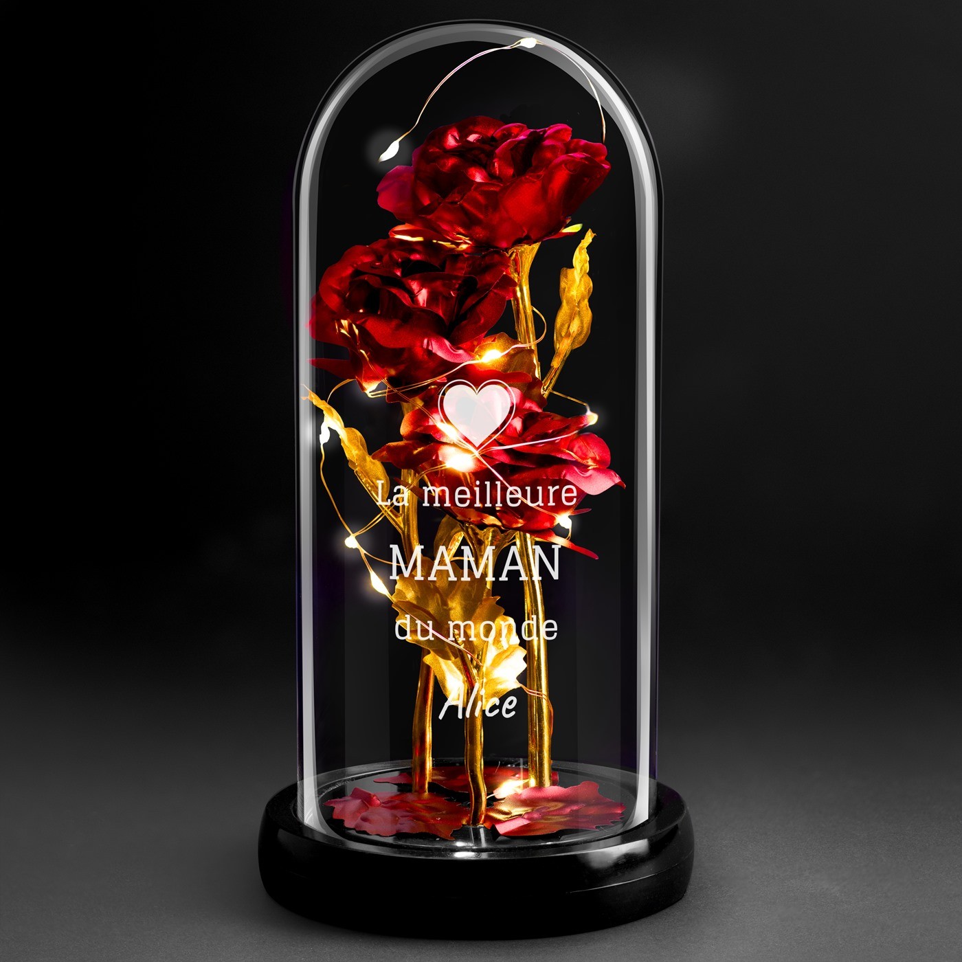 Rose Éternelle Rouge Personnalisée sous Domine en Verre avec Lumière LED pour la Fête des Mères