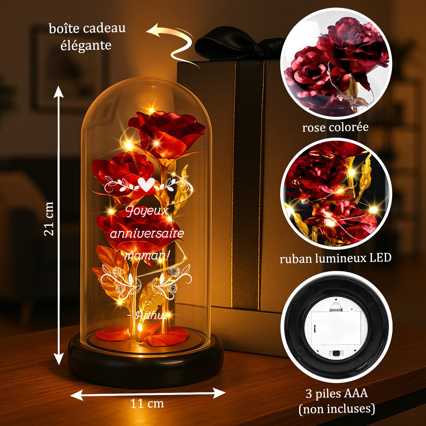 Murrano Eternal Red Rose in Glass Bell with Engraving and LED Light for Mom's Birthday