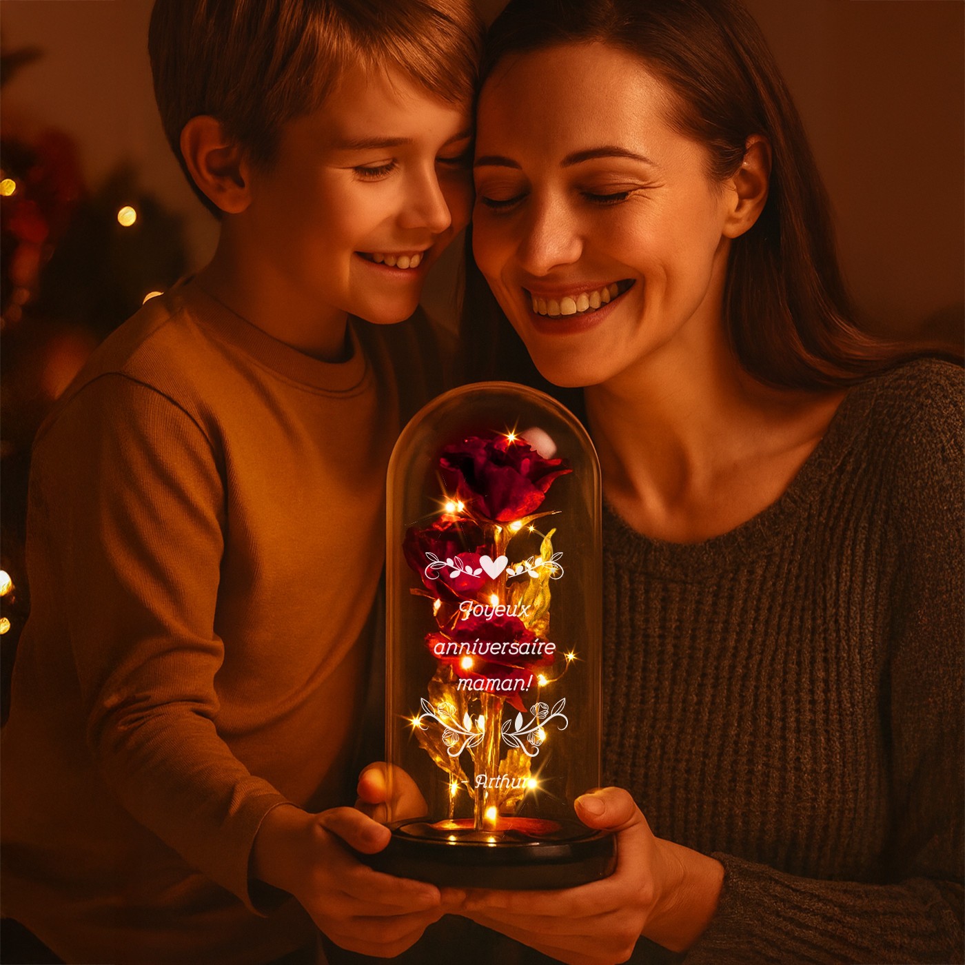 Murrano Eternal Red Rose in Glass Bell with Engraving and LED Light for Mom's Birthday