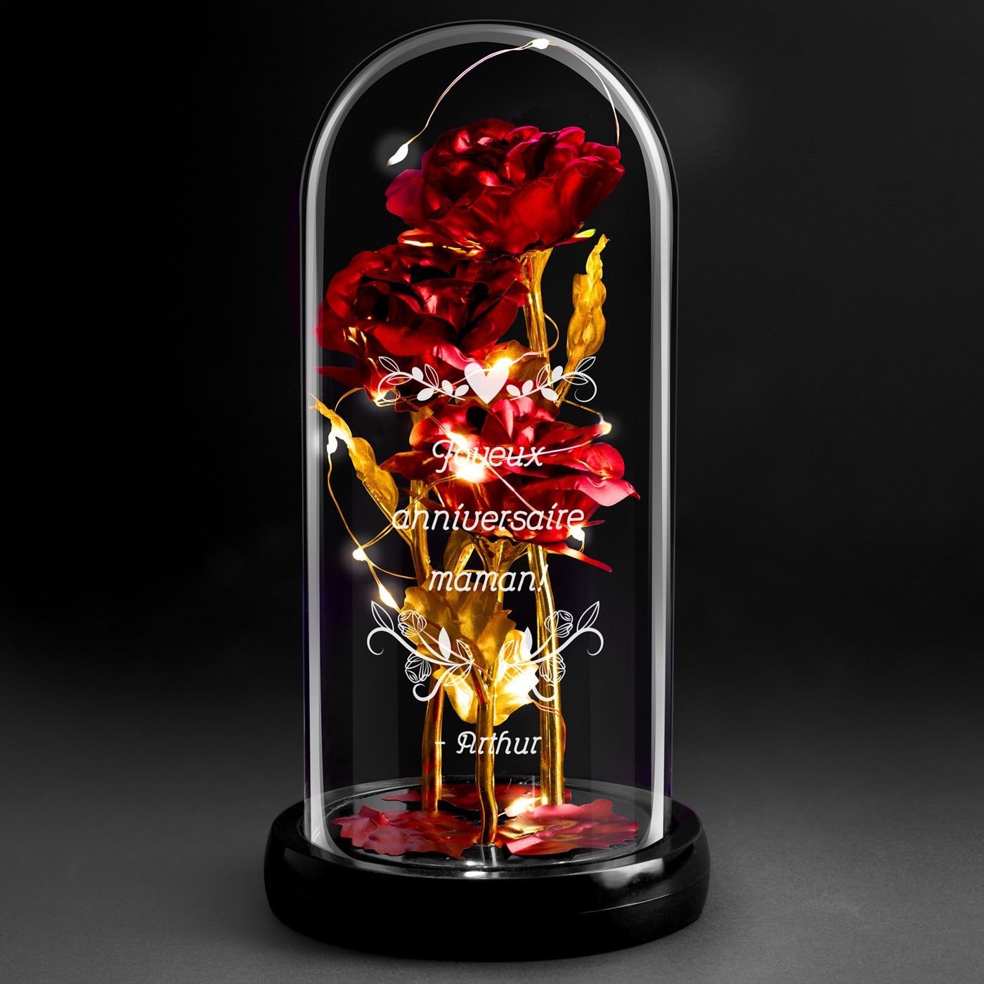 Murrano Eternal Red Rose in Glass Bell with Engraving and LED Light for Mom's Birthday