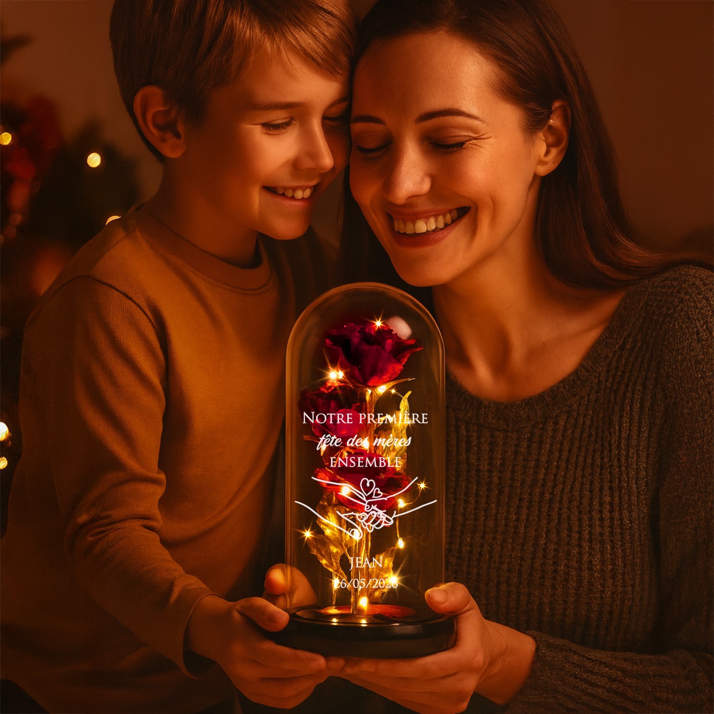Rose éternelle rouge personnalisée sous cloche en verre avec lumière LED pour la première fête des mères