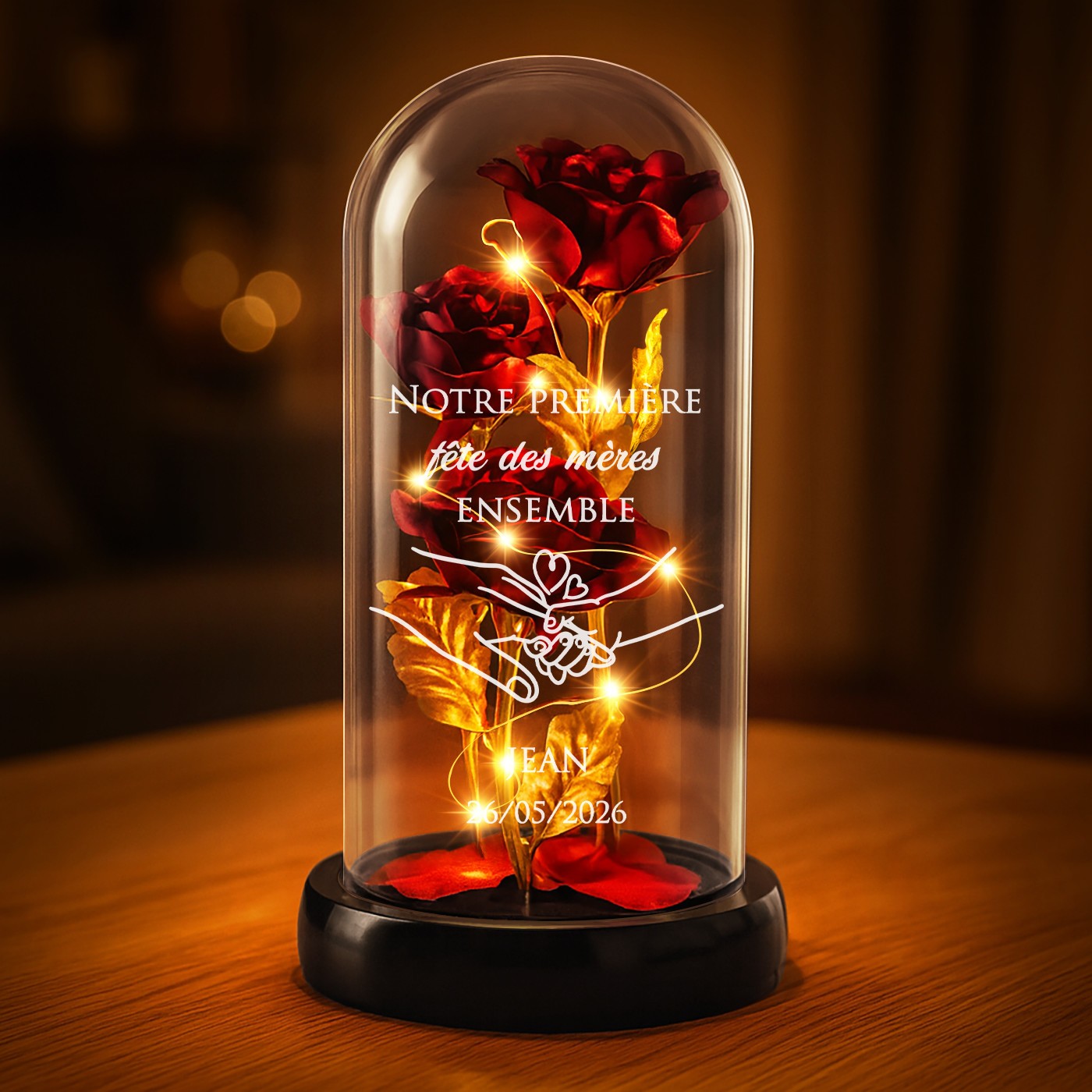 Personalized Eternal Red Rose in Glass Bell with LED Light for Mom's First Mother's Day