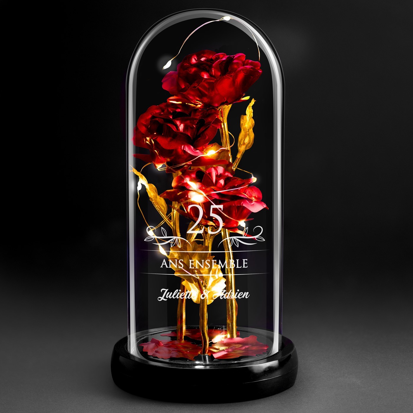 Eternal Red Rose in Glass Bell with LED Light for a Couple's 25th Wedding Anniversary