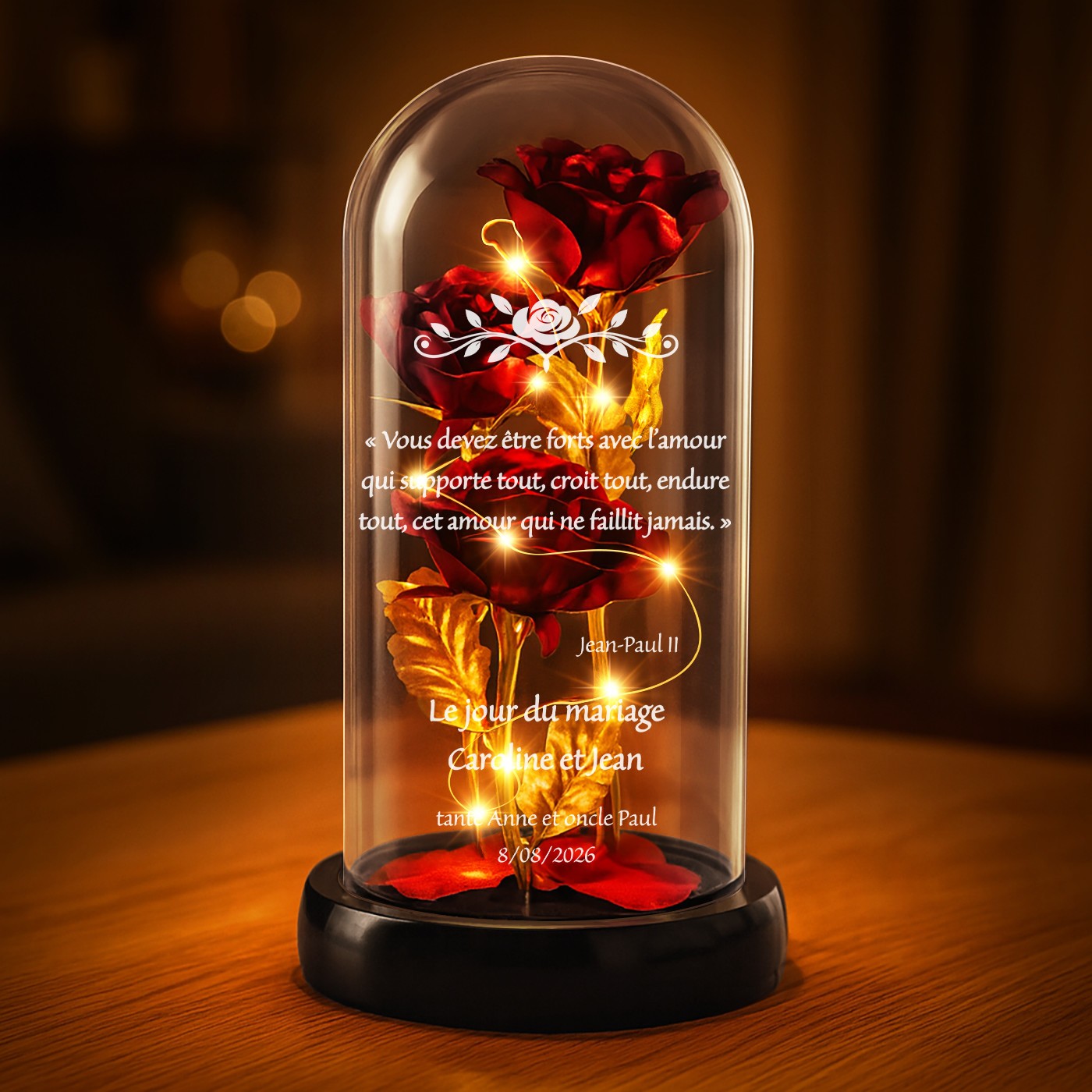 Eternal Red Rose in Glass Bell with Engraving and LED Light for Newlyweds