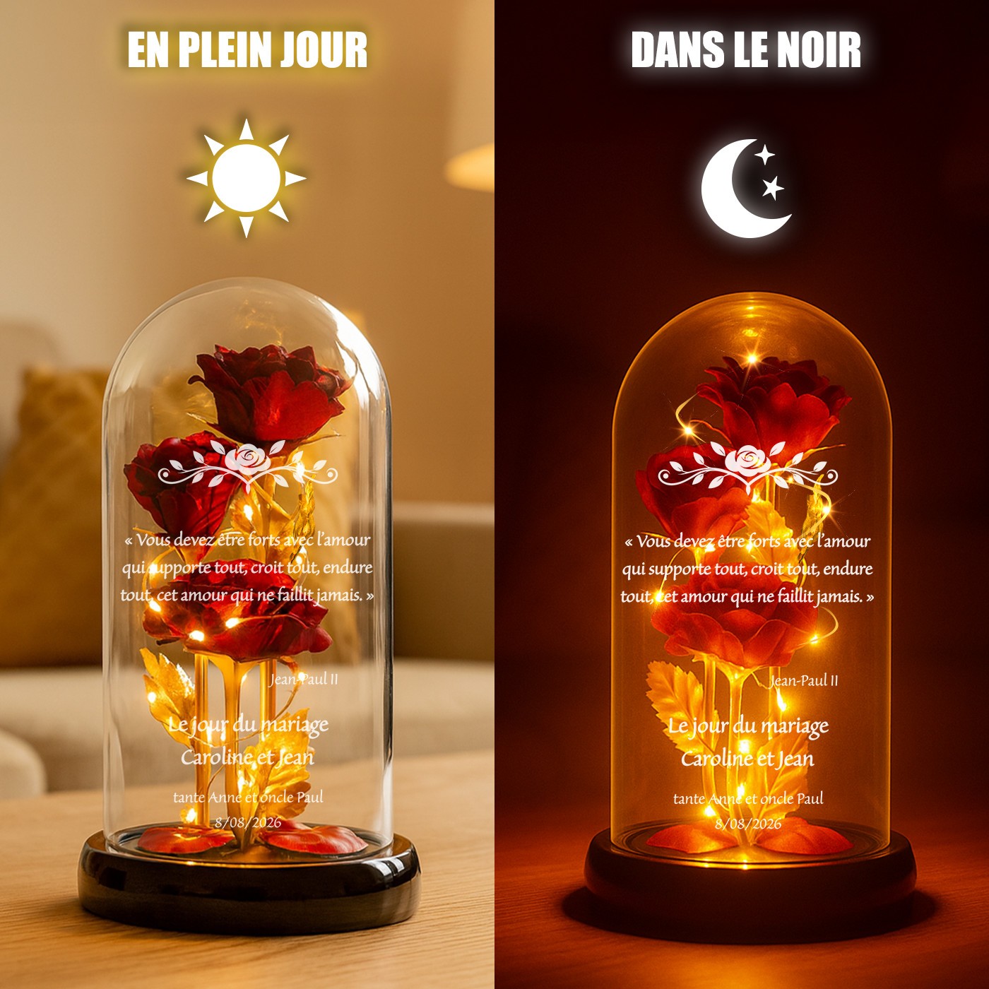 Eternal Red Rose in Glass Bell with Engraving and LED Light for Newlyweds