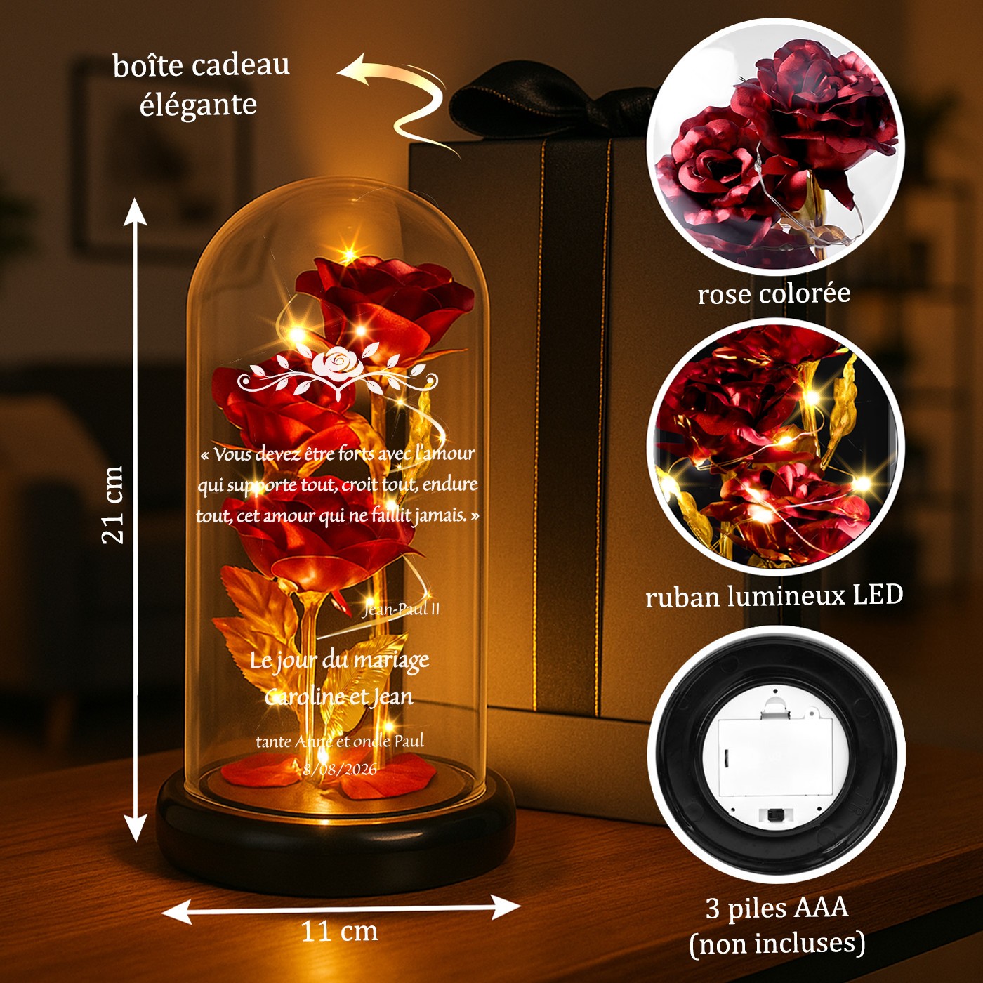 Eternal Red Rose in Glass Bell with Engraving and LED Light for Newlyweds