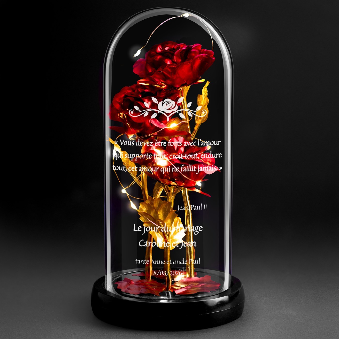 Eternal Red Rose in Glass Bell with Engraving and LED Light for Newlyweds
