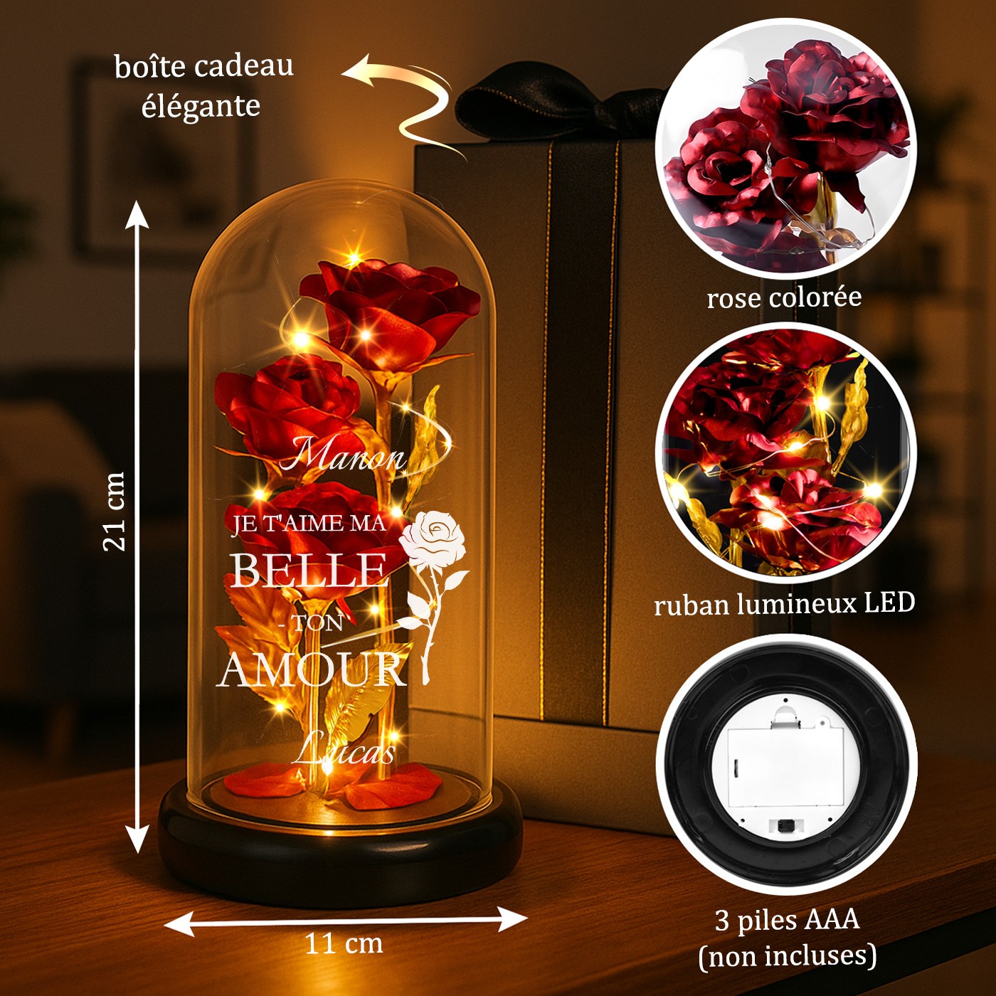Rosa eterna roja personalizada bajo una cúpula de vidrio con luz LED para mujer en el Día de San Valentín