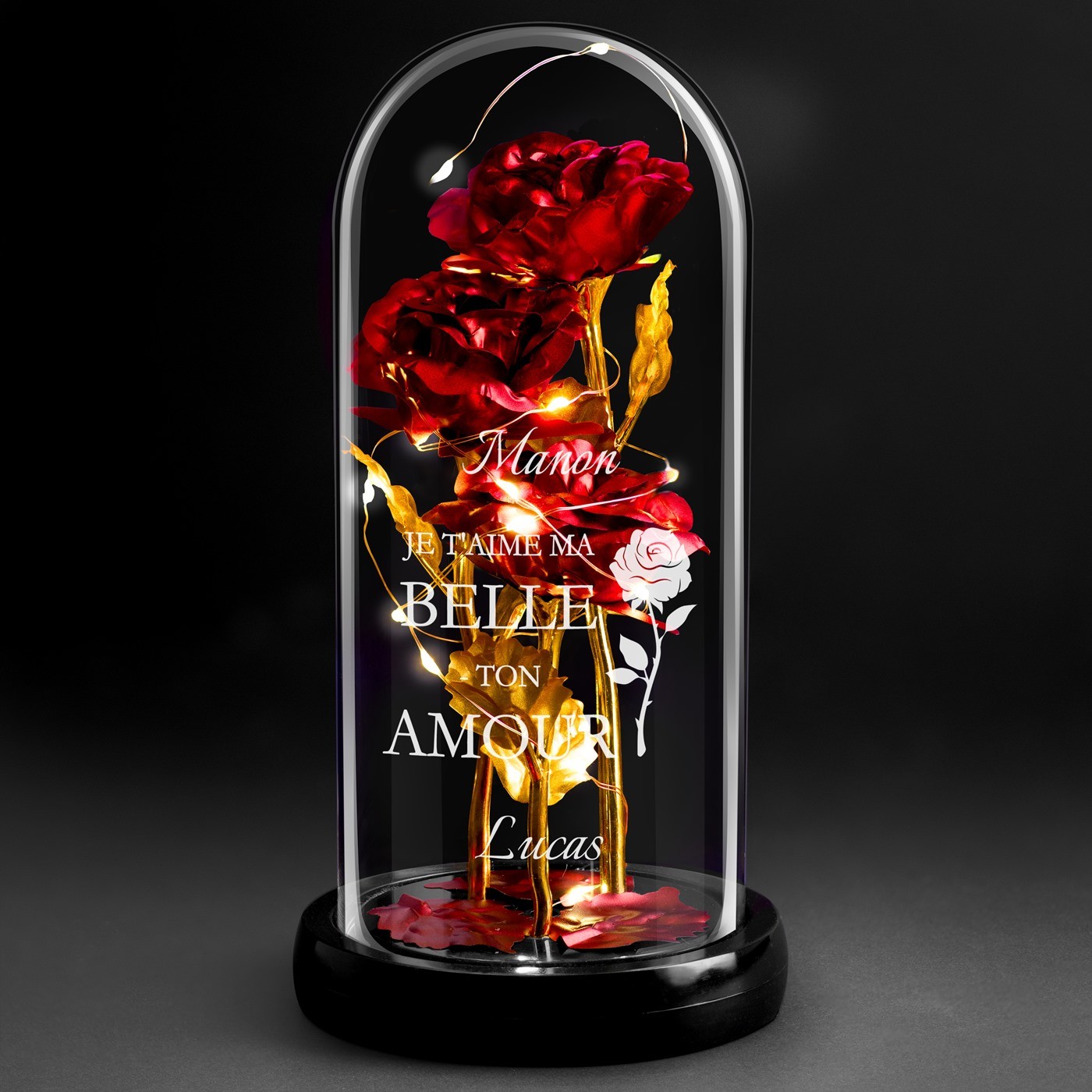 Rosa eterna roja personalizada bajo una cúpula de vidrio con luz LED para mujer en el Día de San Valentín