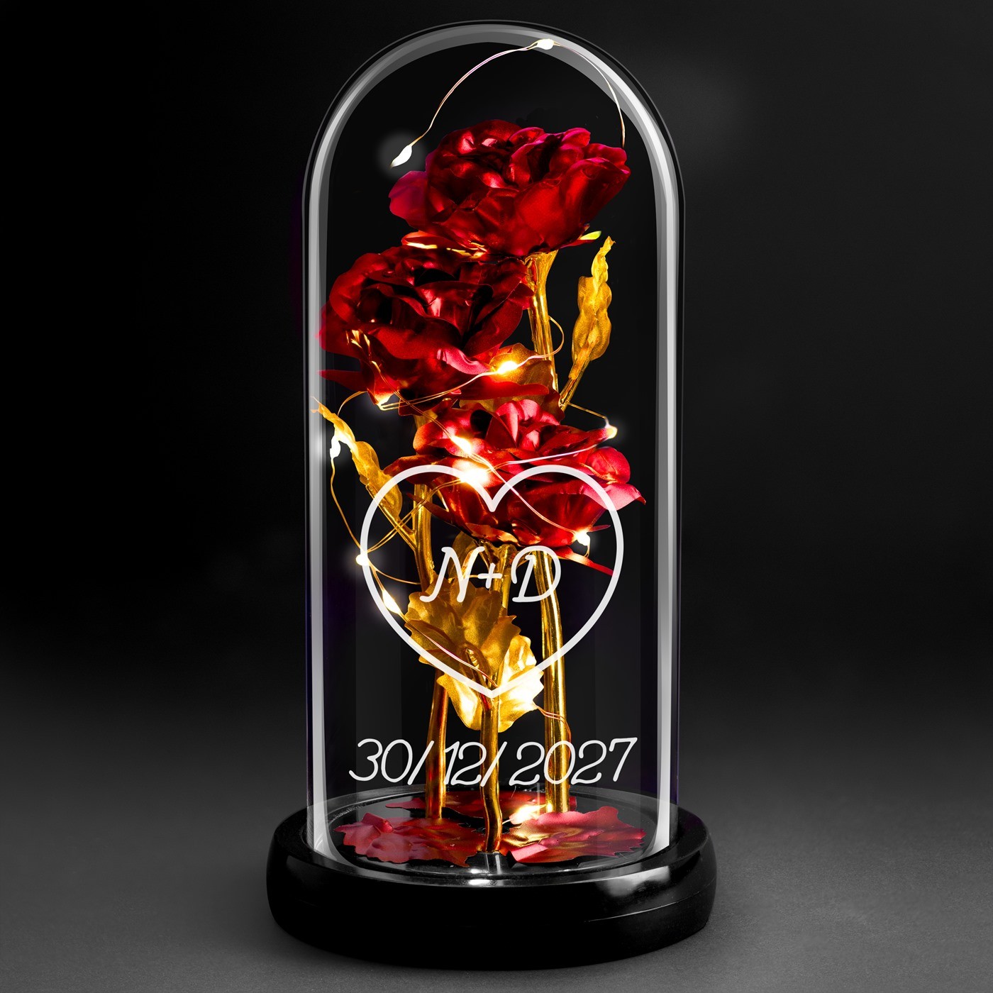 Rosas Eternas Rojas bajo Lupa de Vidrio con Luz LED para Ella y Él, Regalo de Boda