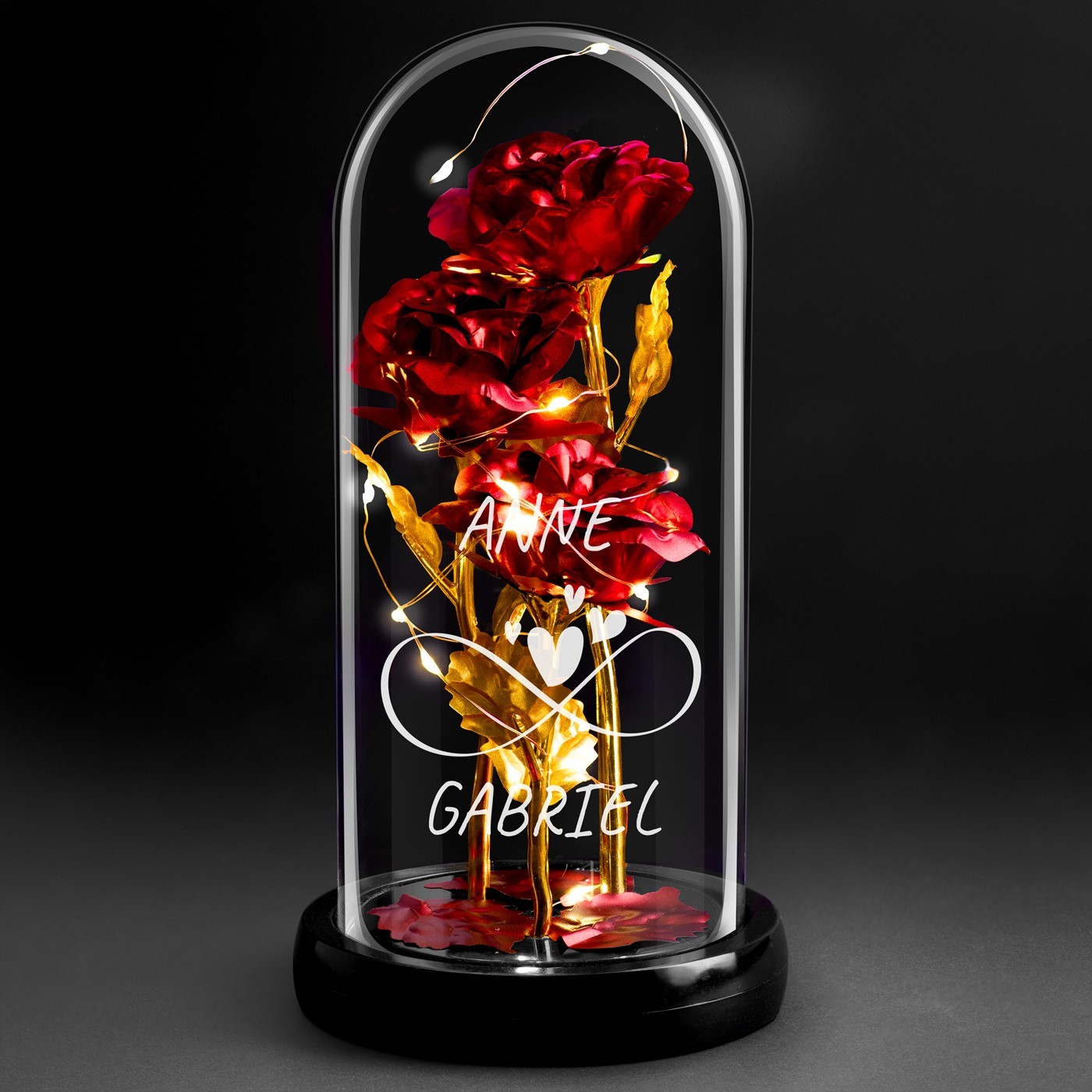Rose Éternelle Rouge de Murrano dans une Bell en Verre avec Lumière LED Personnalisée pour Lui et Elle