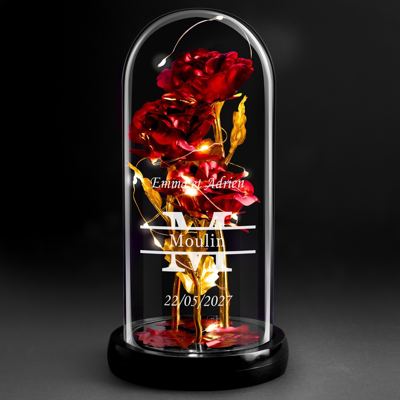 Eternal Red Rose in Glass Bell with Engraving and LED Light for Parents - Wedding Thank You Gift