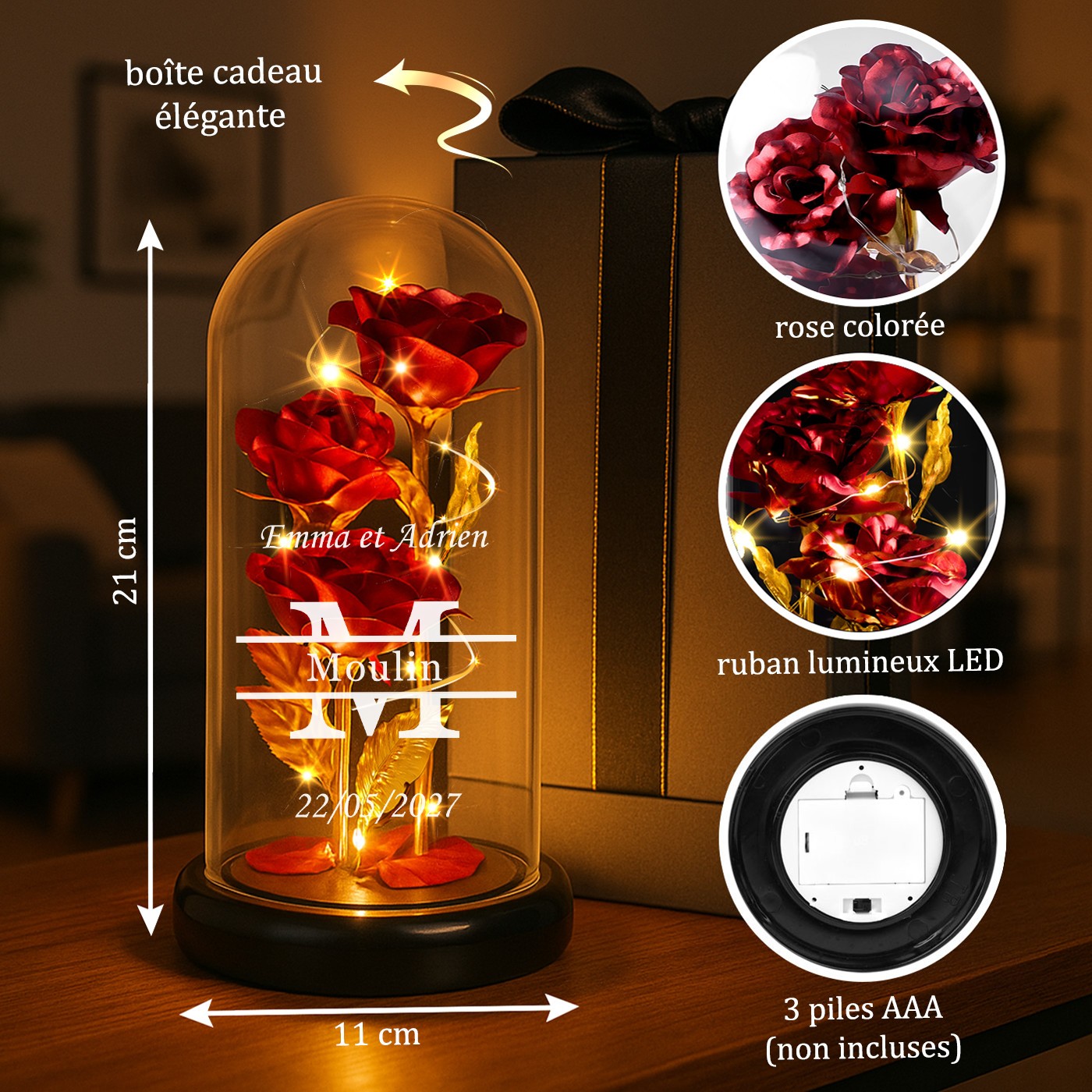 Eternal Red Rose in Glass Bell with Engraving and LED Light for Parents - Wedding Thank You Gift