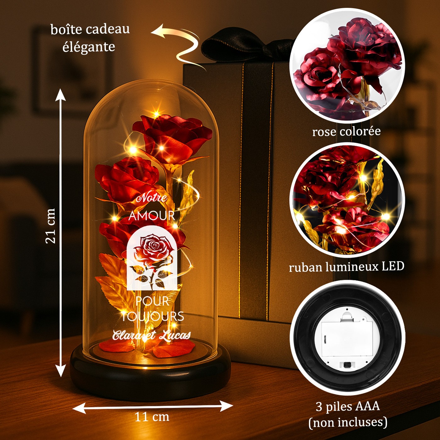 Rosa Eterna Roja en Globo de Vidrio con Luz LED - Regalo Personalizado para Esposa