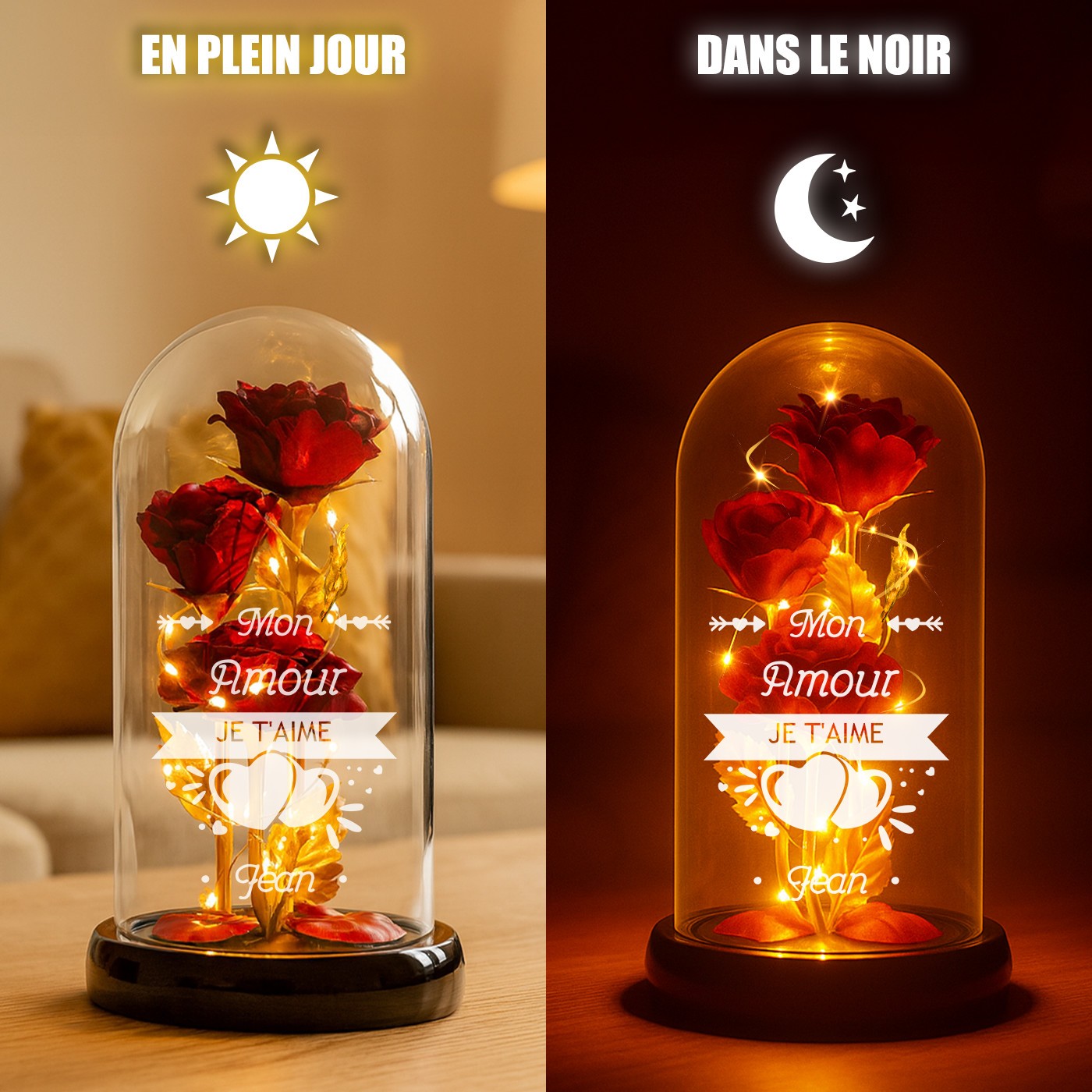 Rosa eterna roja personalizada bajo una campana de vidrio con luz LED para esposa en el Día de San Valentín