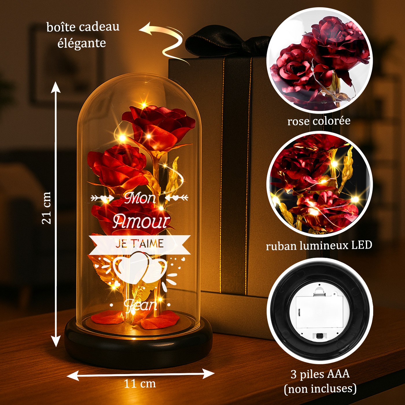 Rosa eterna roja personalizada bajo una campana de vidrio con luz LED para esposa en el Día de San Valentín