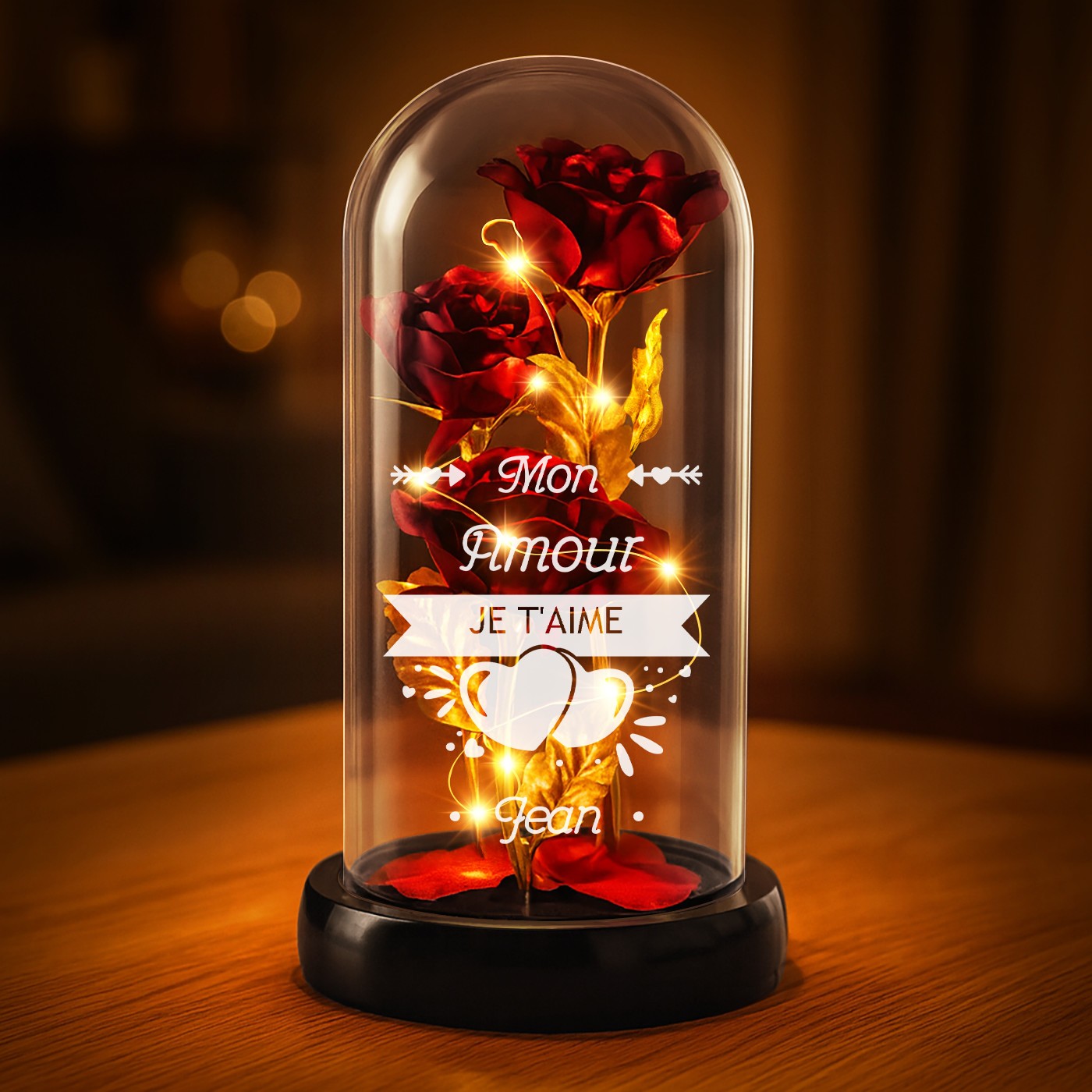 Rosa eterna roja personalizada bajo una campana de vidrio con luz LED para esposa en el Día de San Valentín