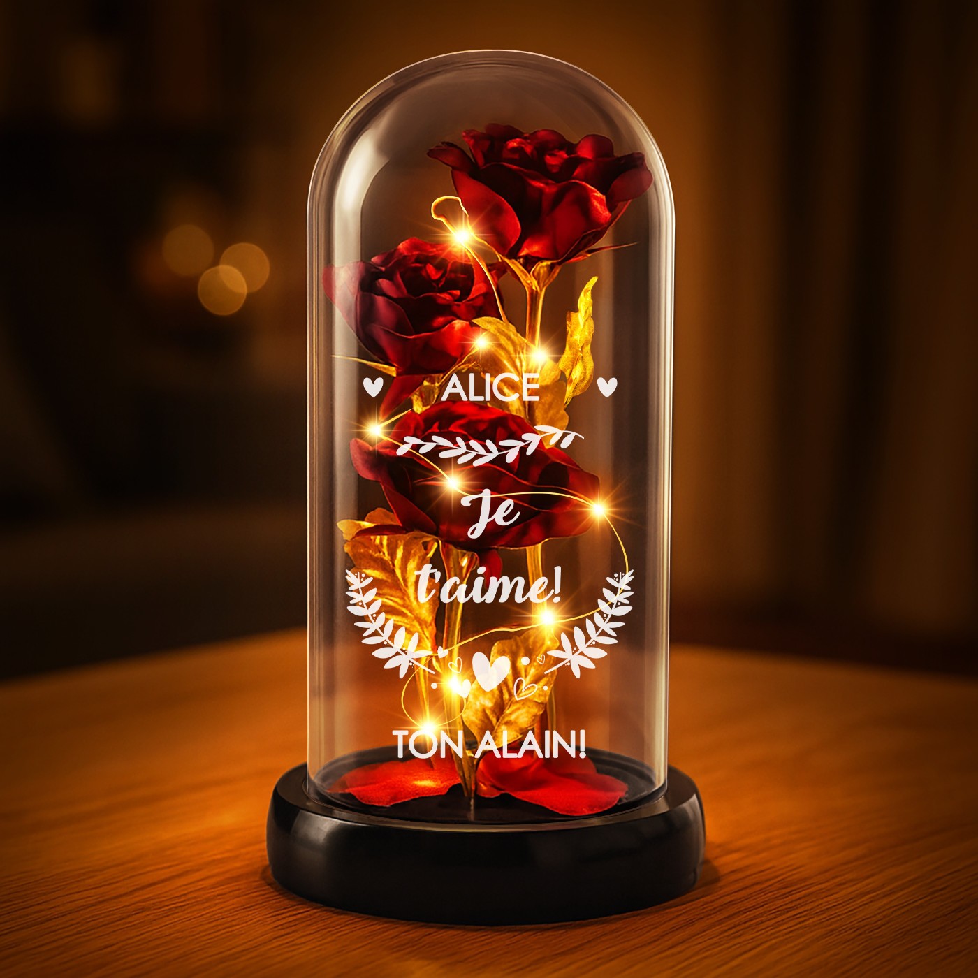 Rosa Eterna Roja de Murrano bajo Cúpula de Vidrio con Luz LED y Grabado para Mujer