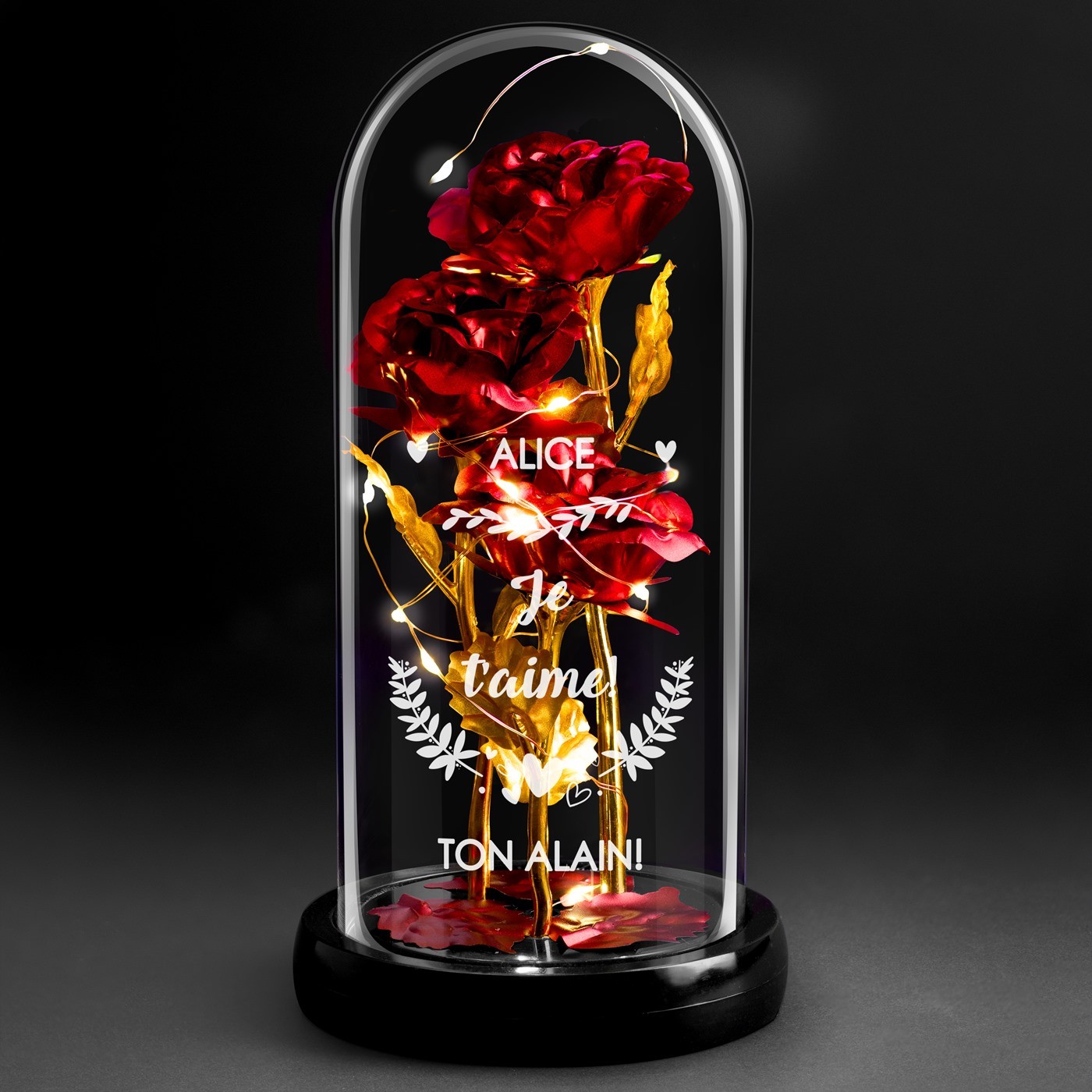 Rosa Eterna Roja de Murrano bajo Cúpula de Vidrio con Luz LED y Grabado para Mujer