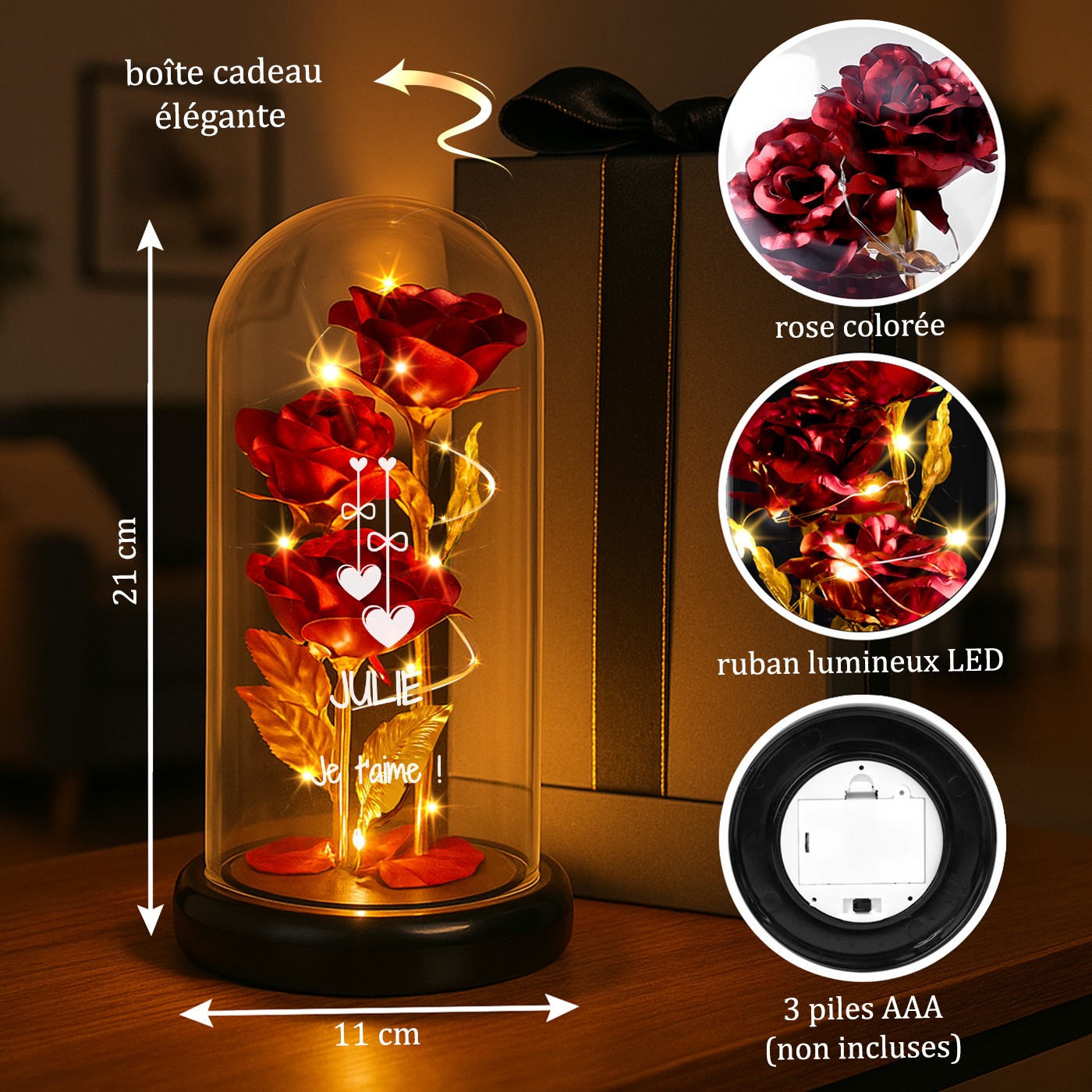 Rosa Eterna Roja bajo Lupa de Vidrio con Luz LED para Novia en el Día de San Valentín