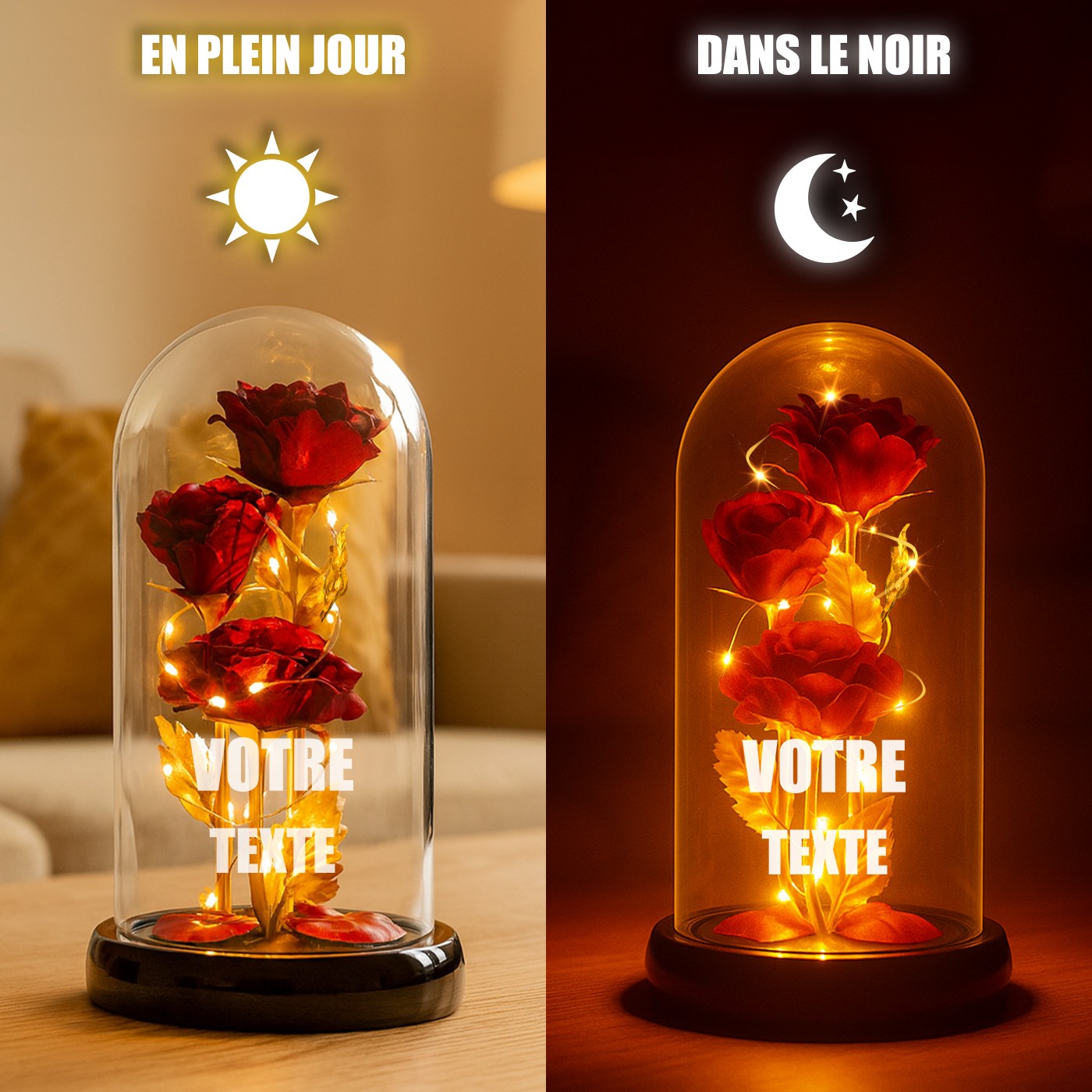Rosa eterna roja personalizada bajo una cúpula de vidrio con luz LED para ella o él para el Día de San Valentín