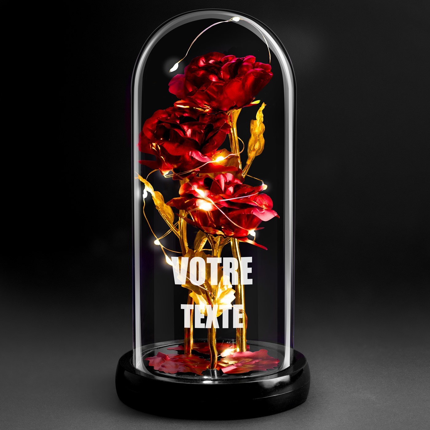 Rosa eterna roja personalizada bajo una cúpula de vidrio con luz LED para ella o él para el Día de San Valentín