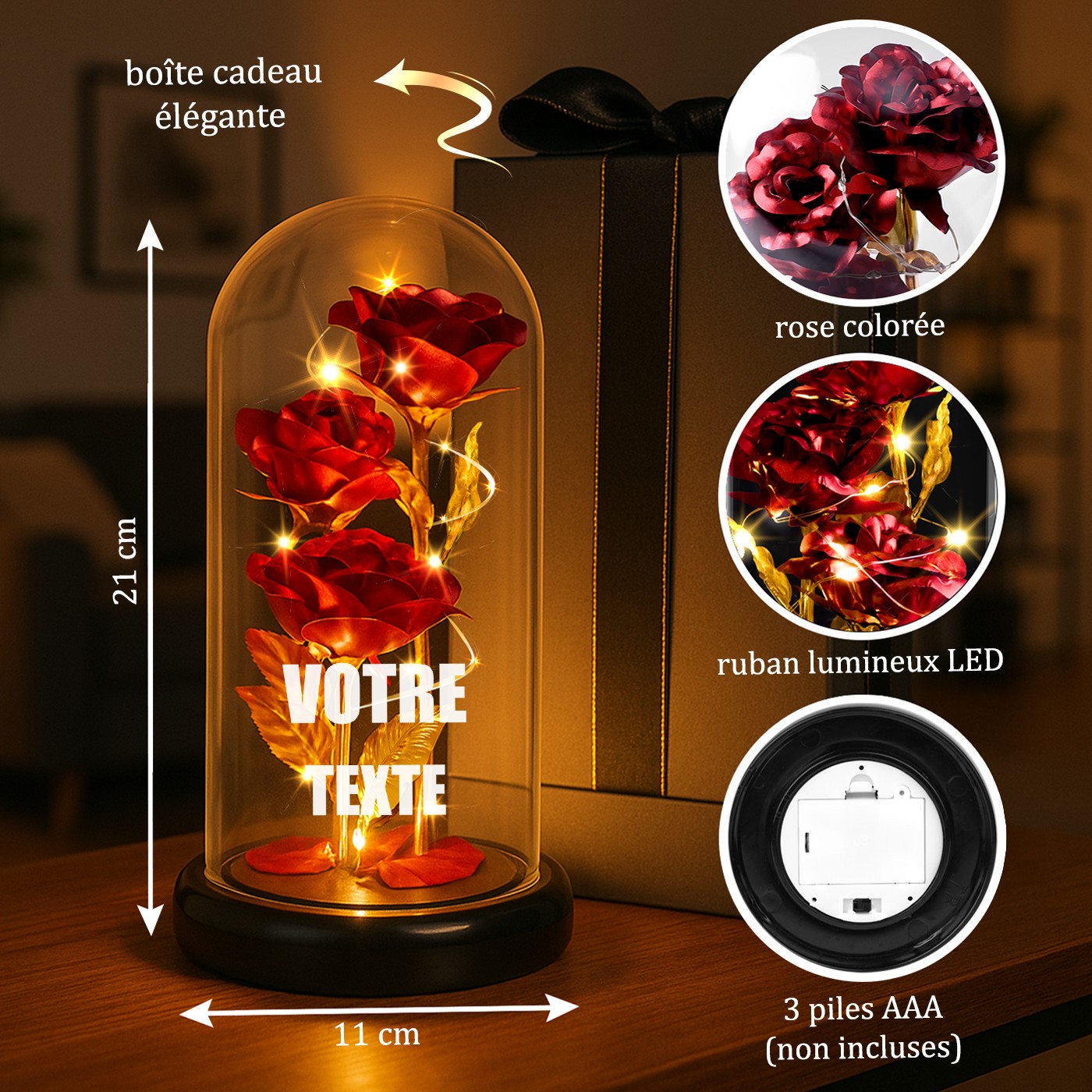 Rosa eterna roja personalizada bajo una cúpula de vidrio con luz LED para ella o él para el Día de San Valentín