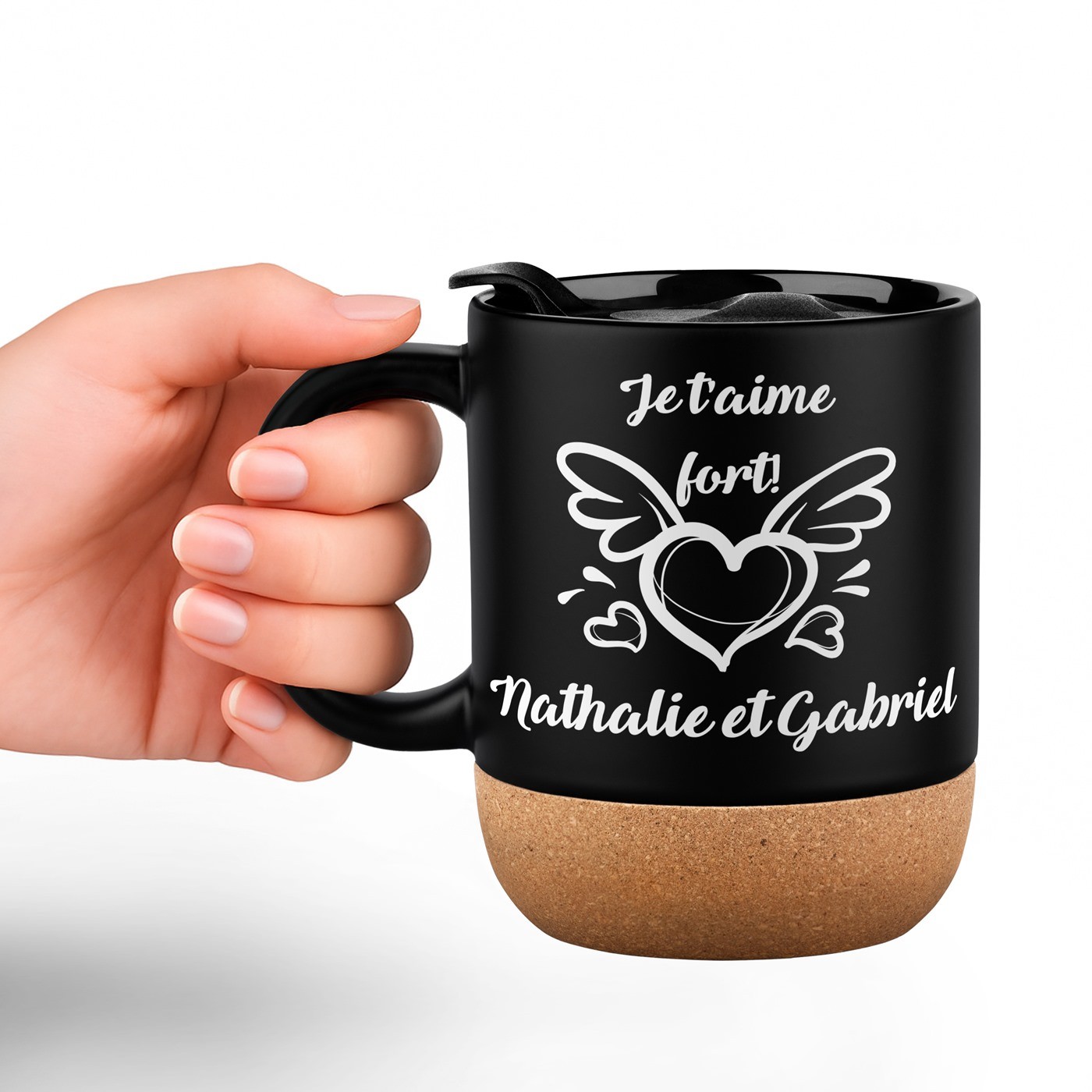 Mug de cerámica negra Murrano con base de corcho y tapa para el Día de San Valentín