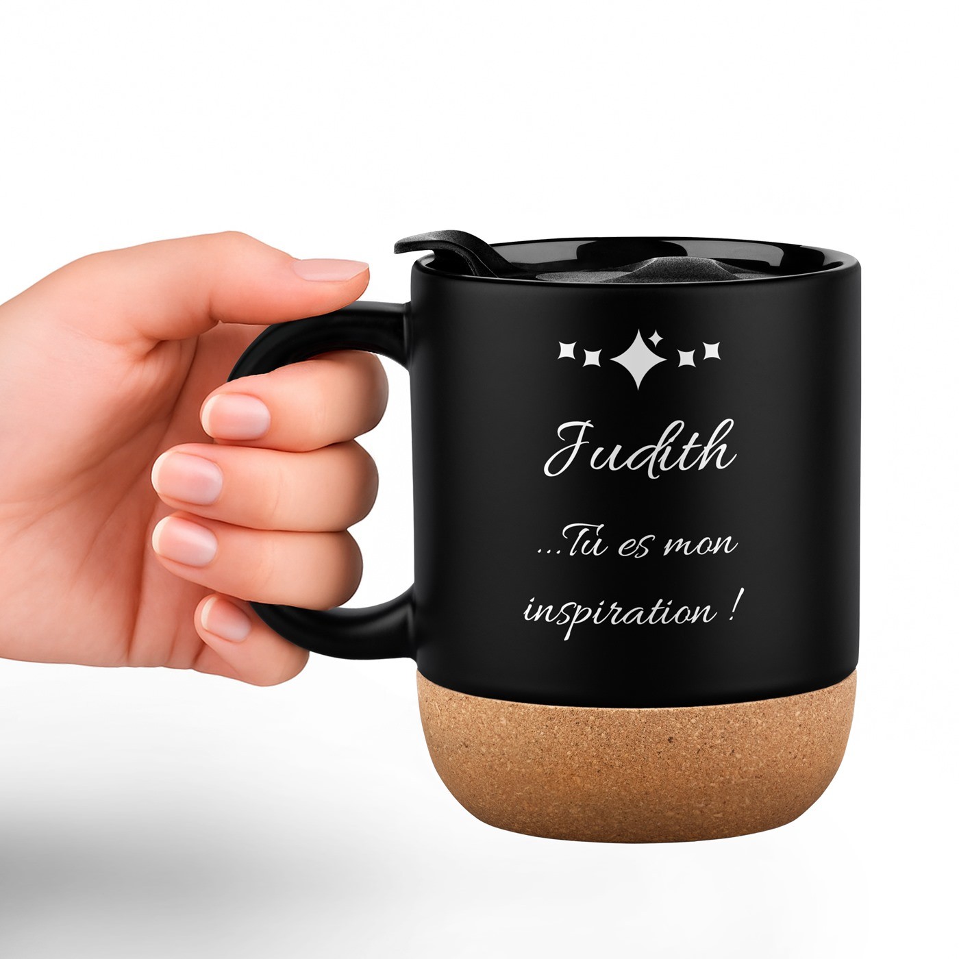 Mug de cerámica negra Murrano con base de corcho y tapa para el aniversario de la mujer