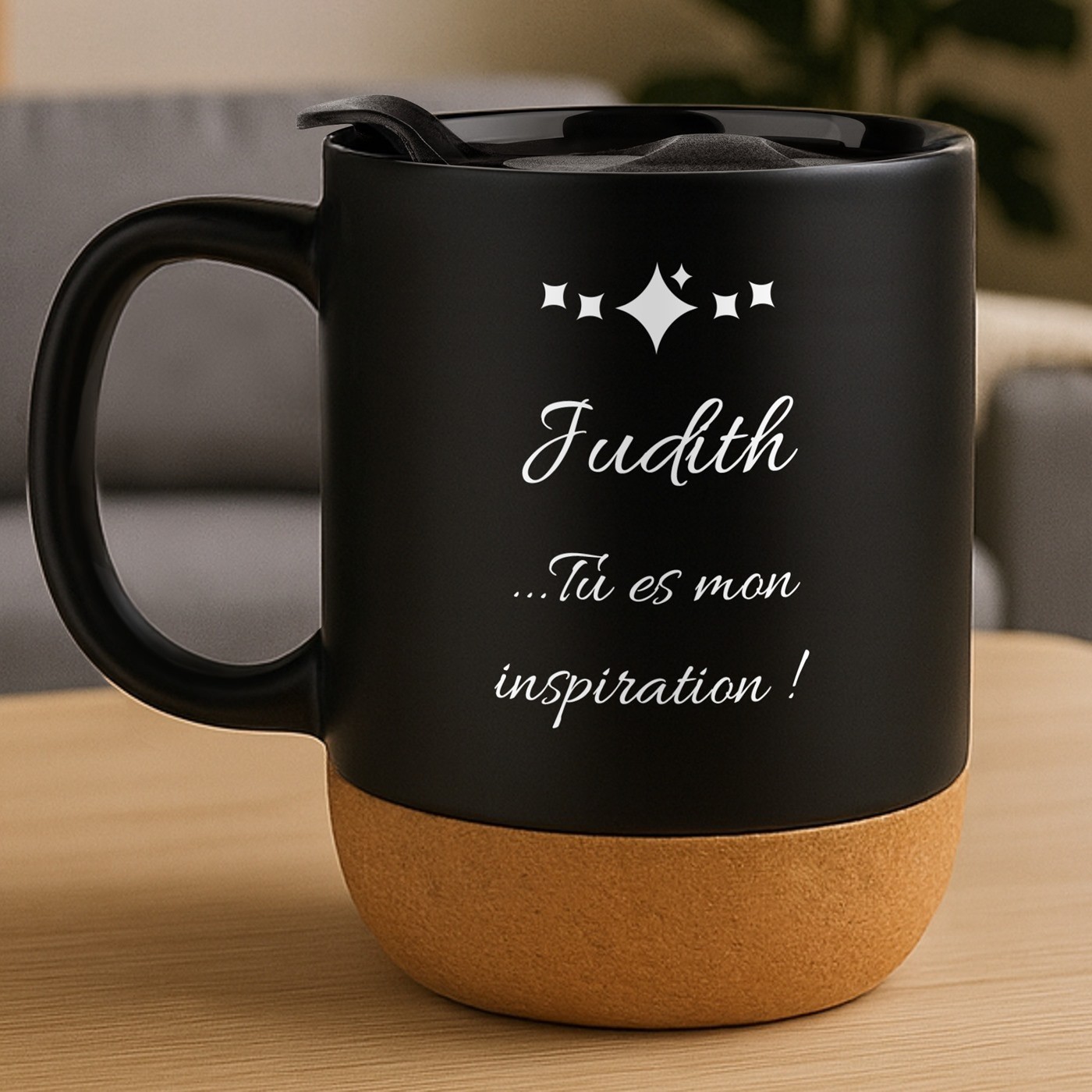Mug de cerámica negra Murrano con base de corcho y tapa para el aniversario de la mujer